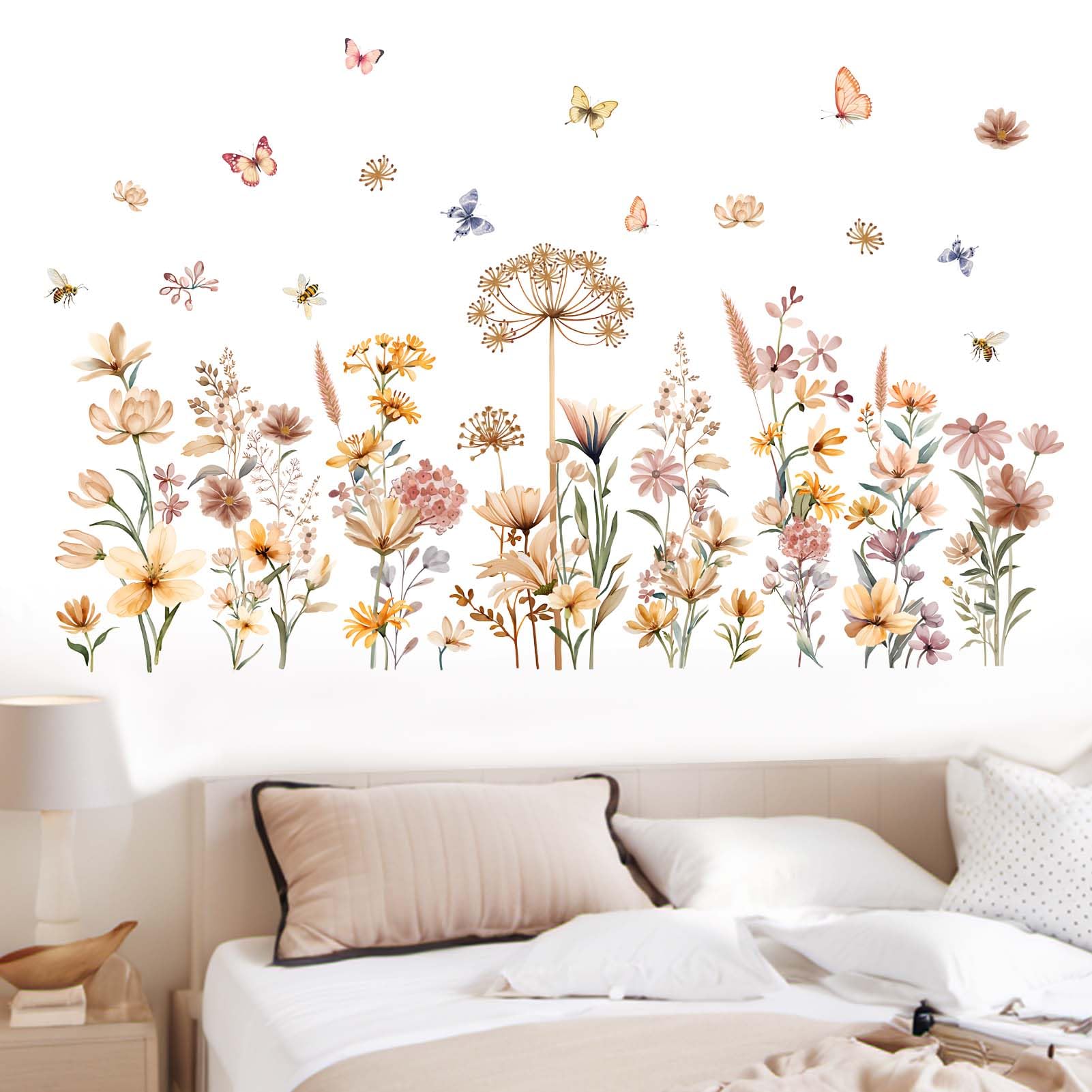 Amimagen boho flower wall stickers create a playful girls' room focal point for imagination.