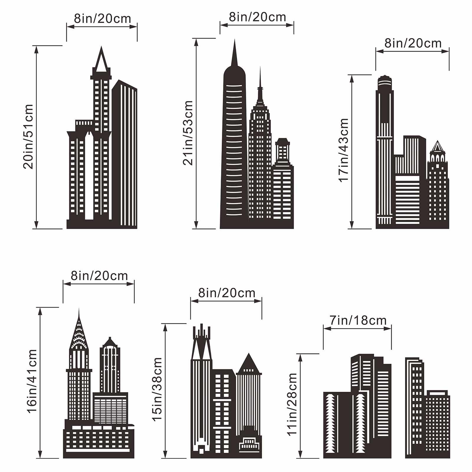 Amimagen city-building silhouette wall decals set—easy-to-apply decor for bedrooms and living spaces.