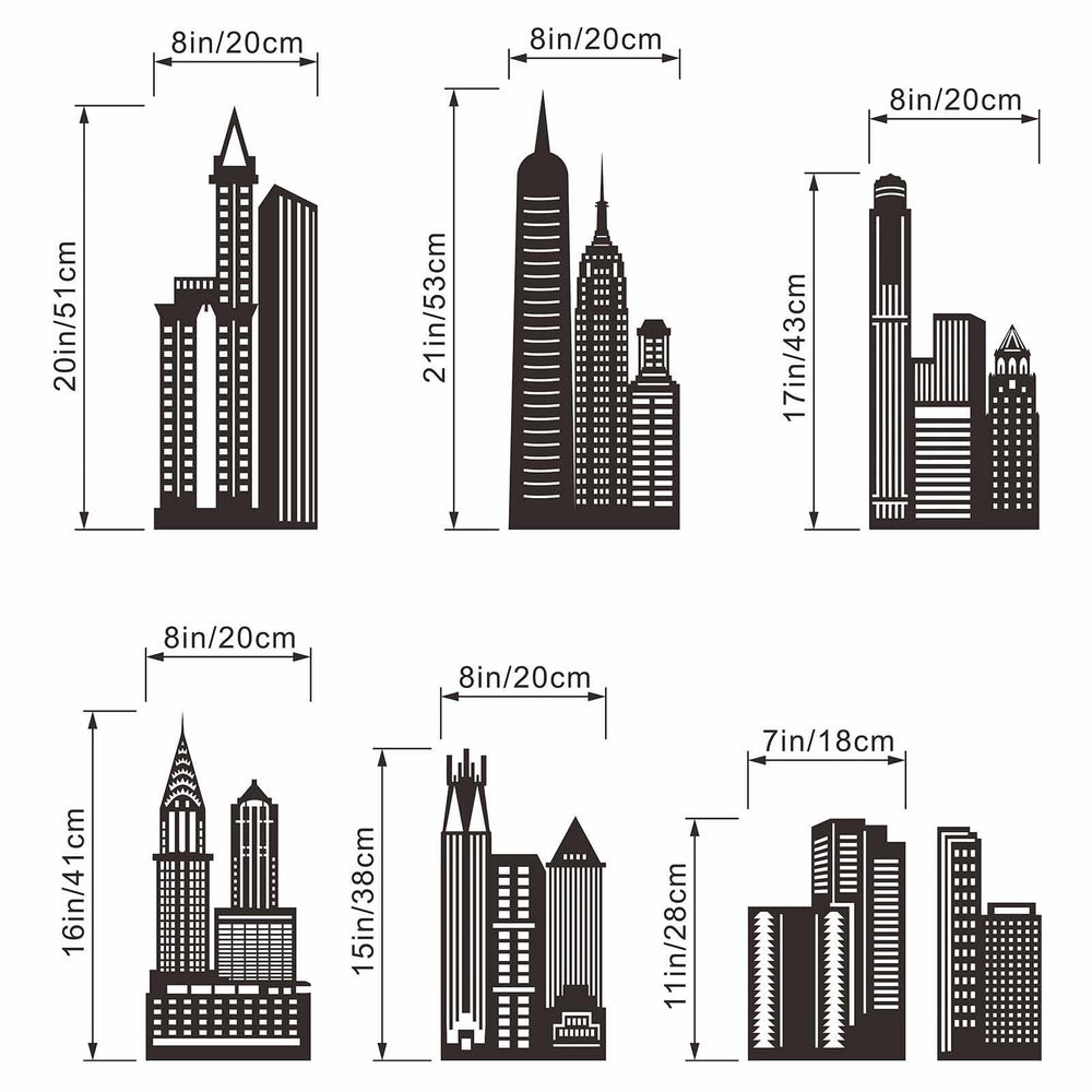 Amimagen city-building silhouette wall decals set—easy-to-apply decor for bedrooms and living spaces.