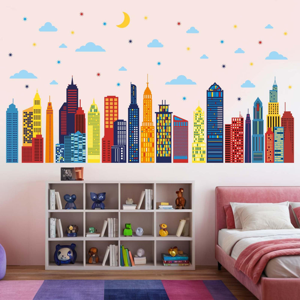 Amimagen city silhouette decals for living room wall to enhance modern home decor.