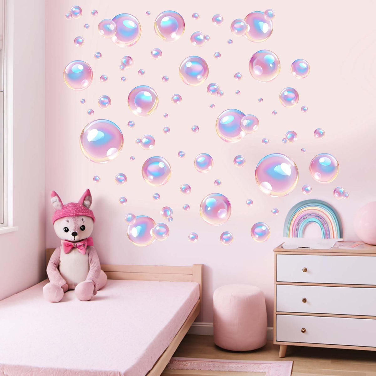 Amimagen Color Bubble Wall Stickers create an ocean inspired bathroom scene that is easy to refresh.
