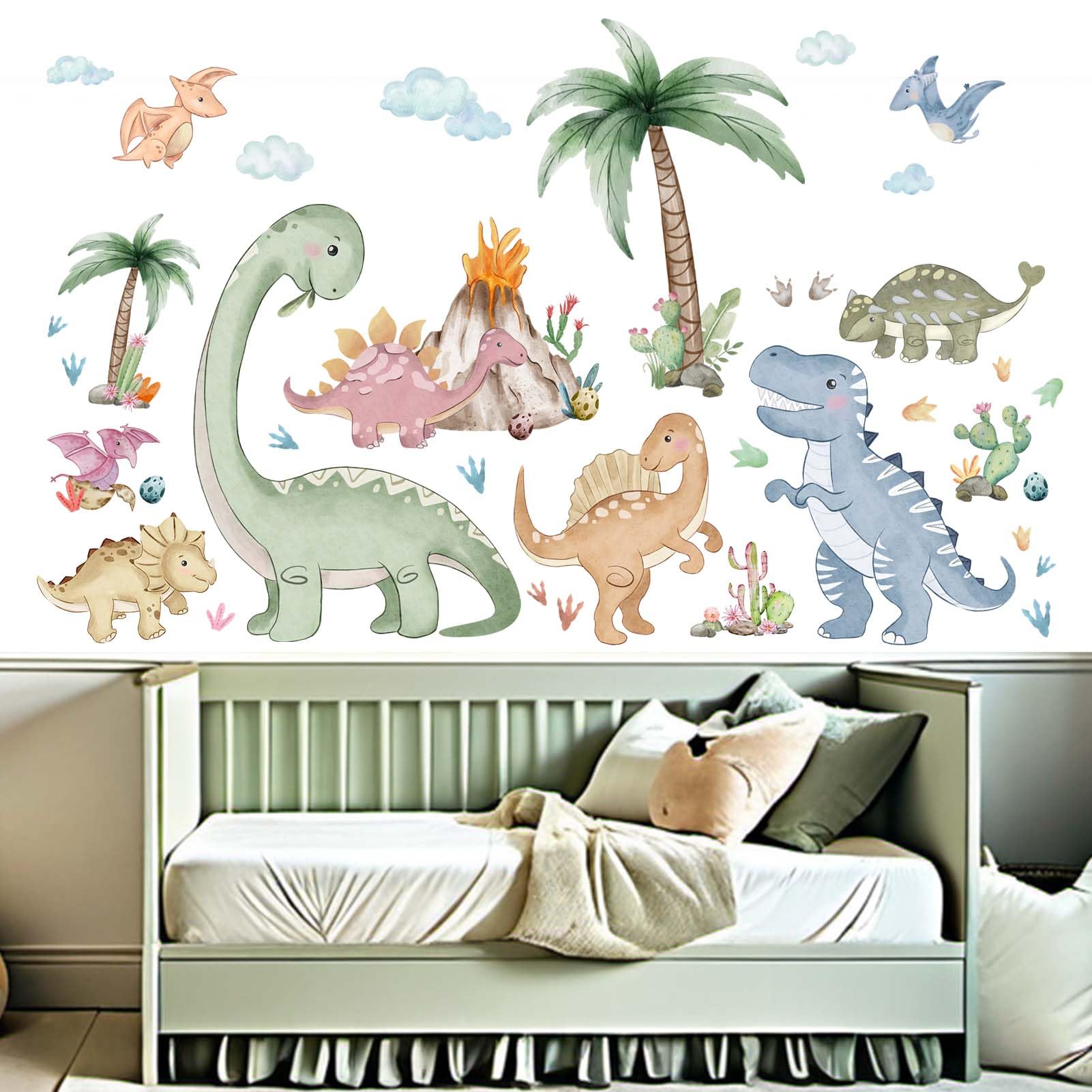 Amimagen dinosaur wall stickers arranged in a boys' bedroom for playful decor.