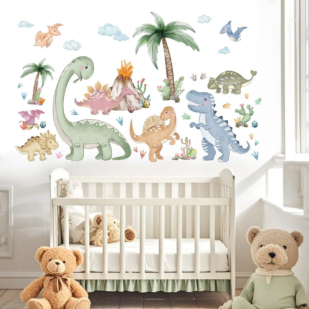 Amimagen dinosaur wall stickers in a kid's room showing vibrant, kid-friendly design.