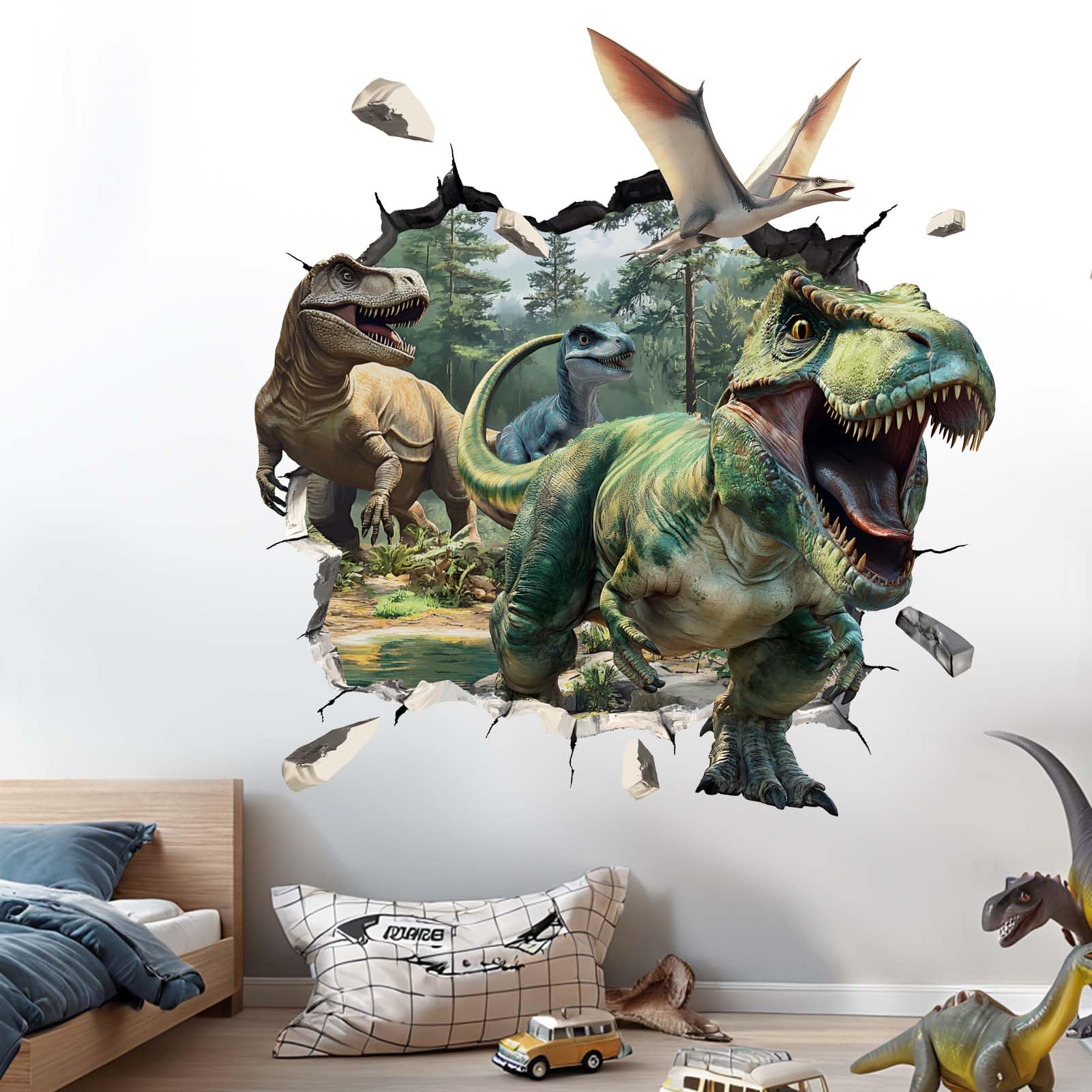 Amimagen dinosaur wall stickers for nursery decor with palm leaf detail.