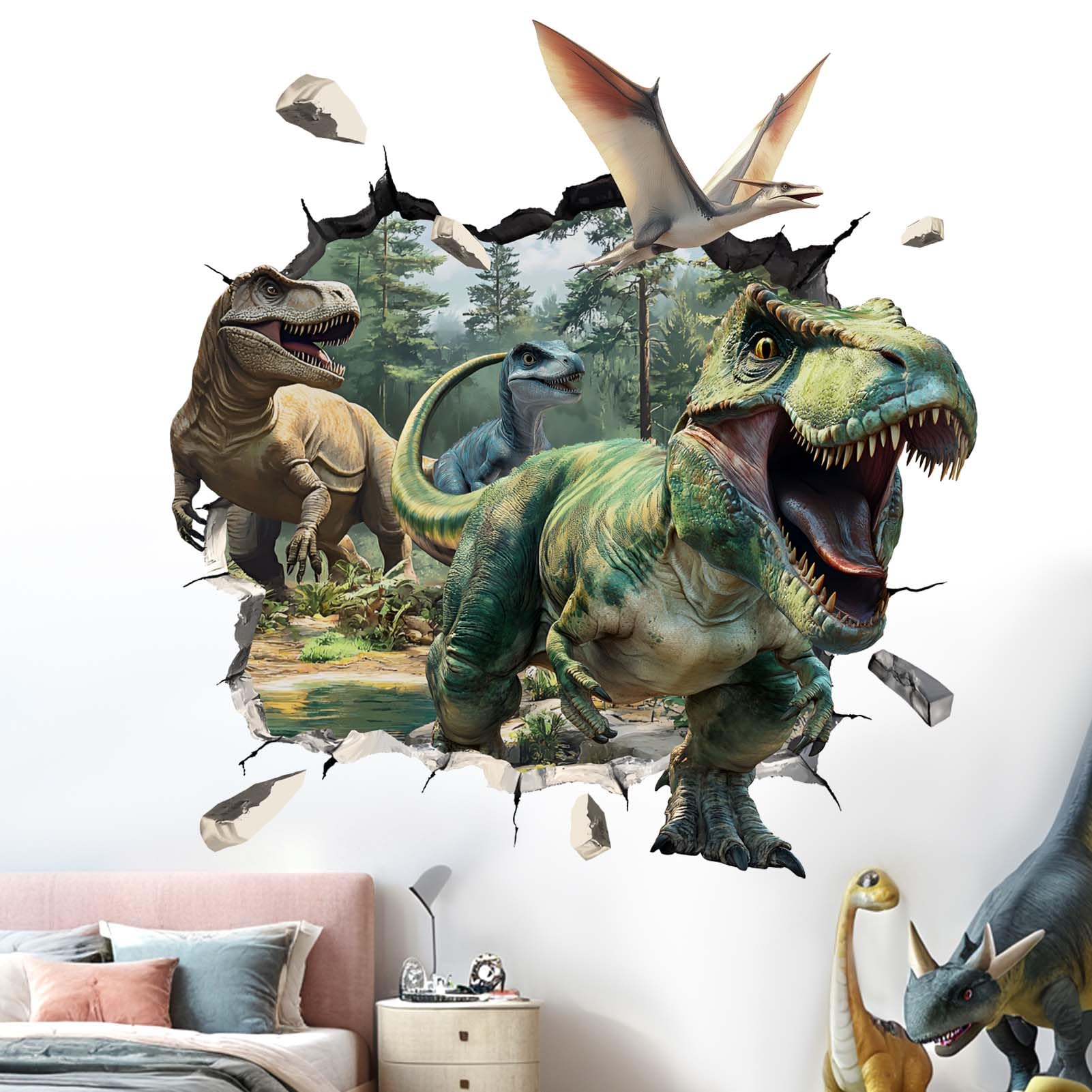 Amimagen dinosaur wall stickers close-up of palm leaves for safe nursery decor.