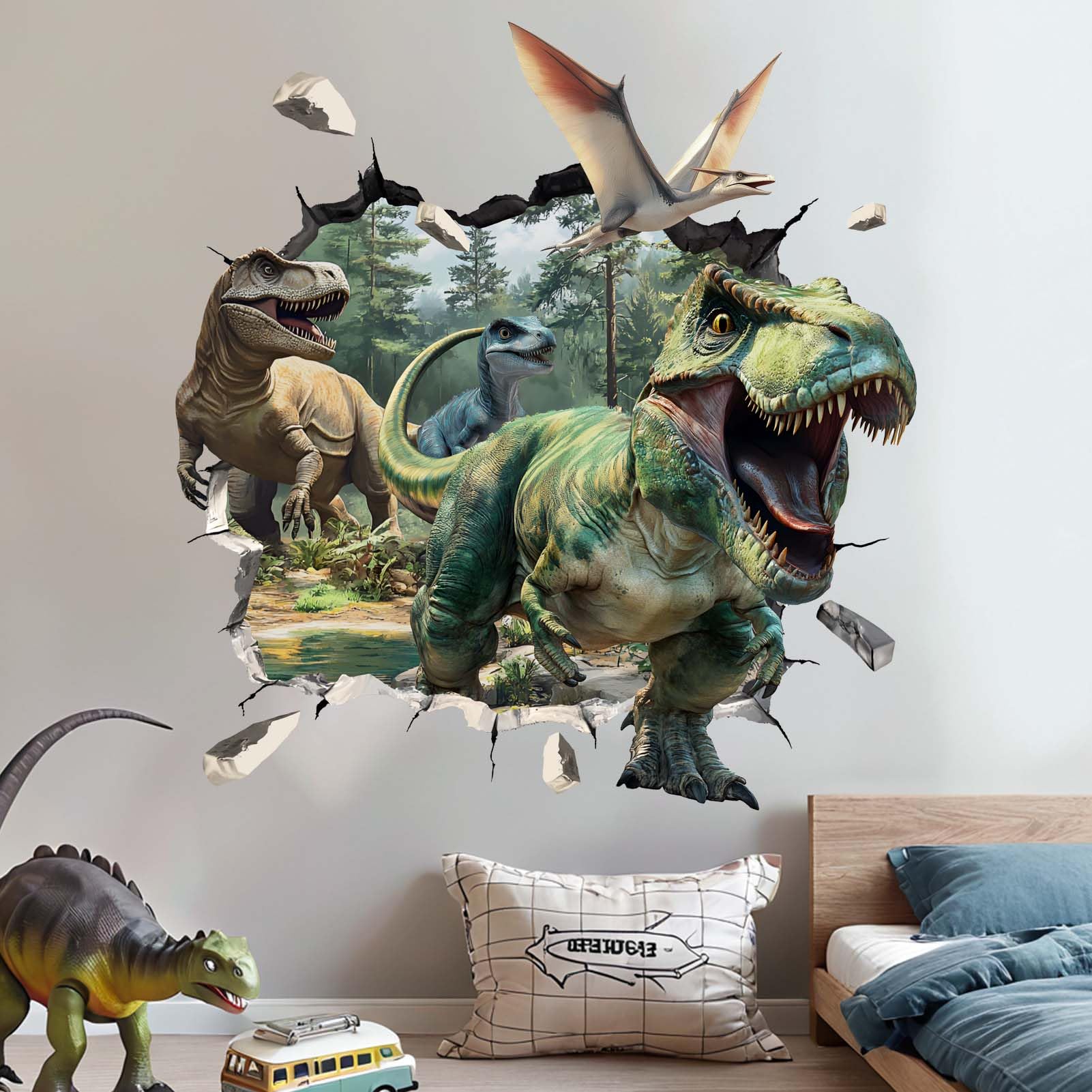 Amimagen dinosaur wall stickers tropical playroom scene enhances kid-friendly space.