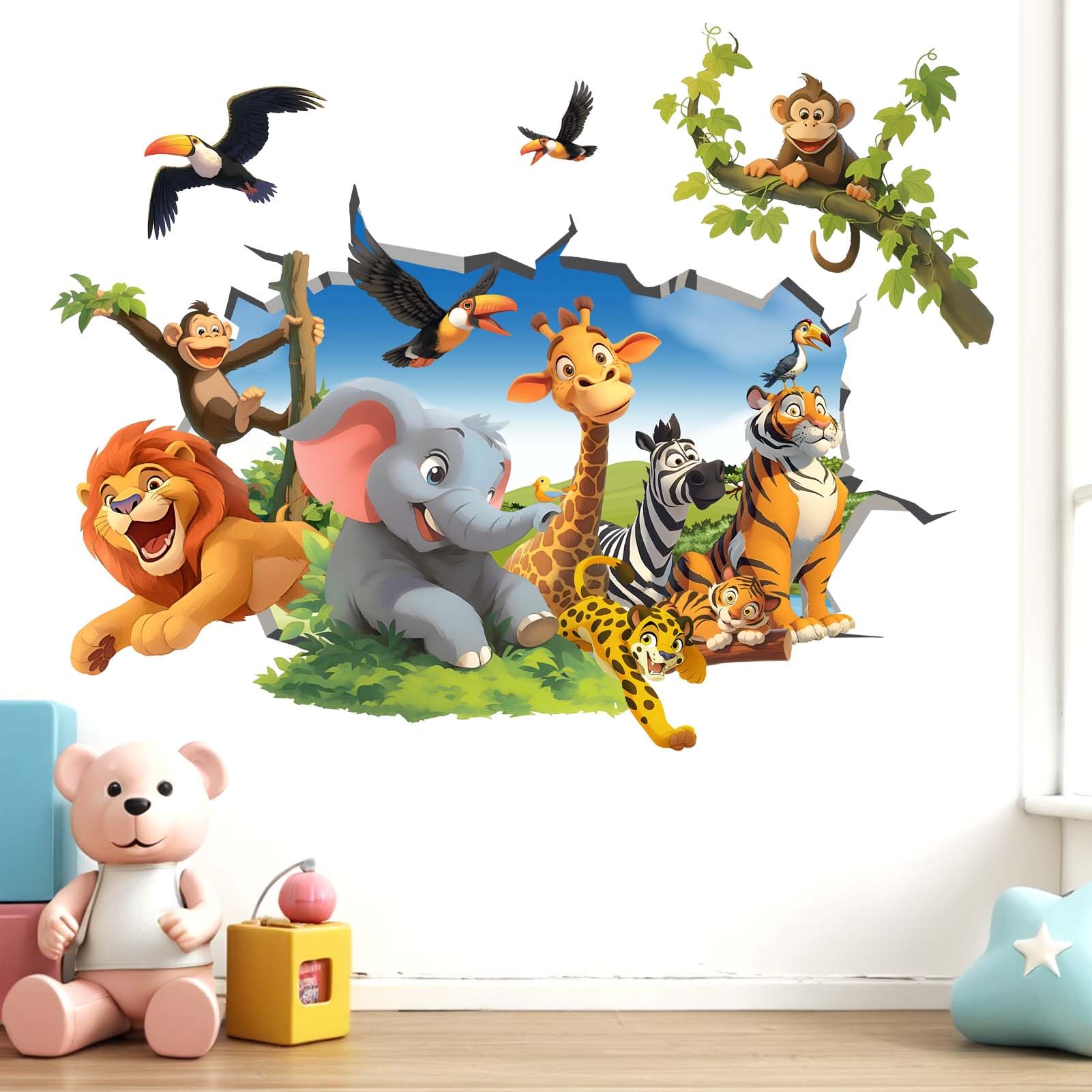 Amimagen elephant wall decal creates a friendly safari focal point in nursery.