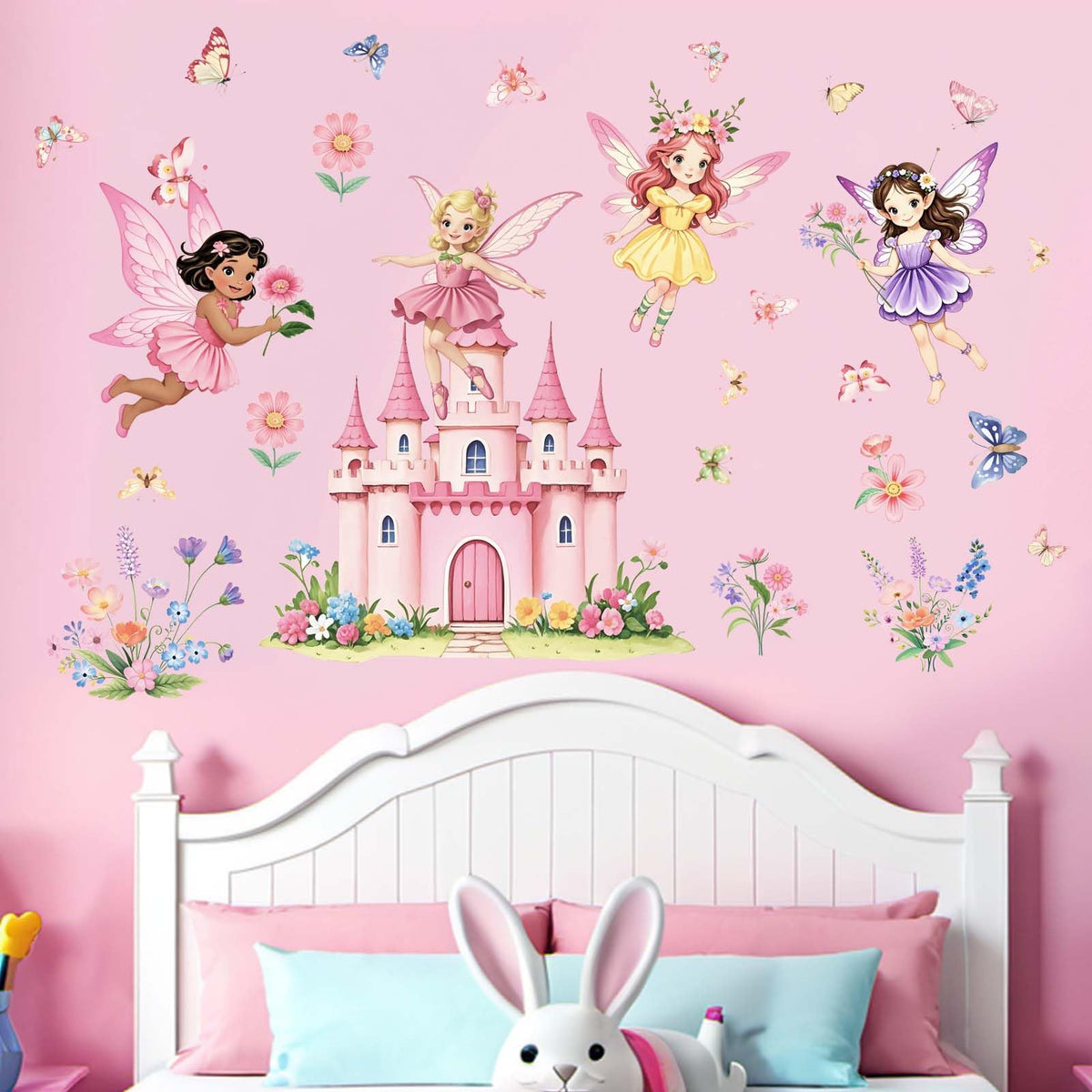 Amimagen Flower Fairy Castle wall sticker with butterflies enhances a playful nursery ambiance