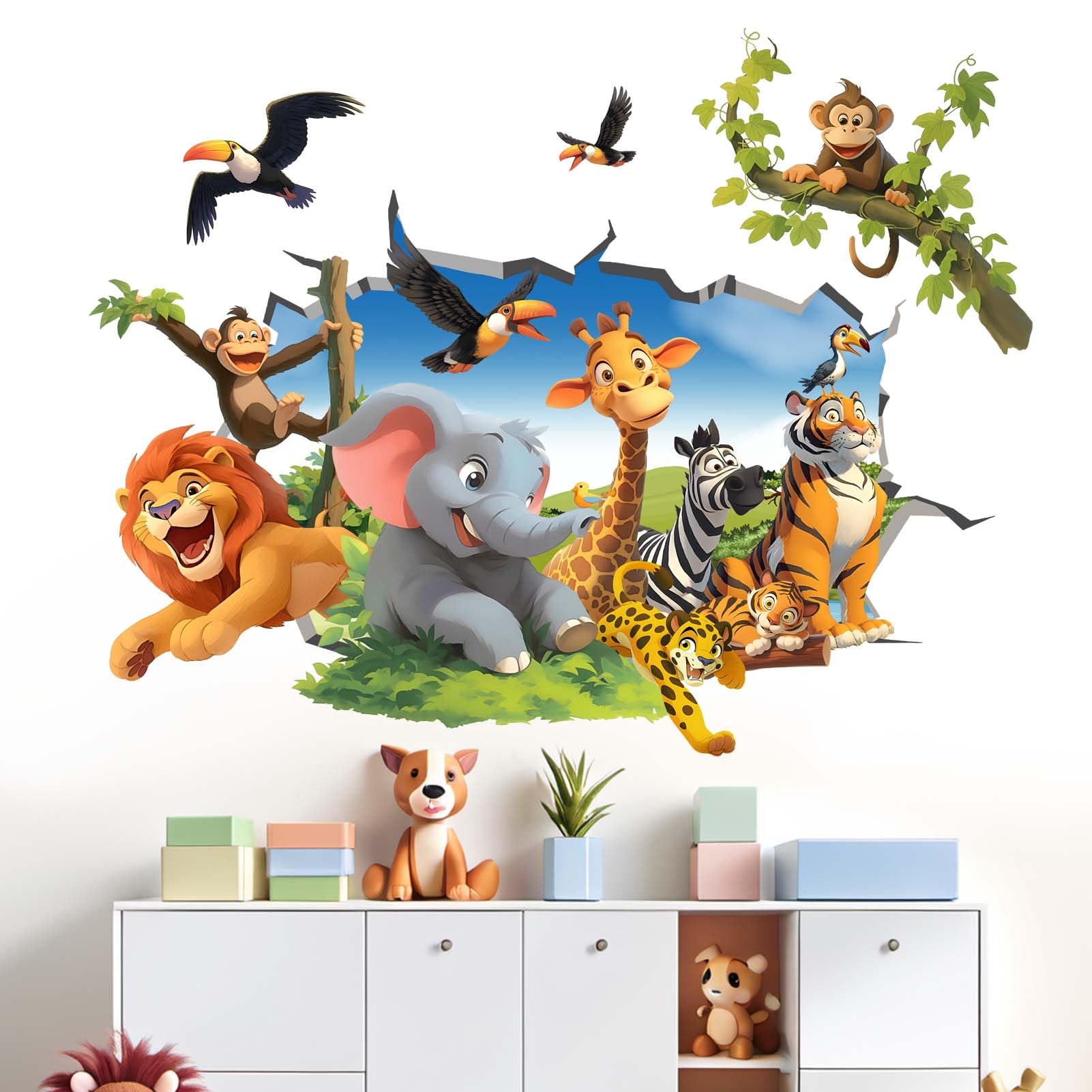 Amimagen giraffe wall decal adds tall jungle charm to kid's bedroom.