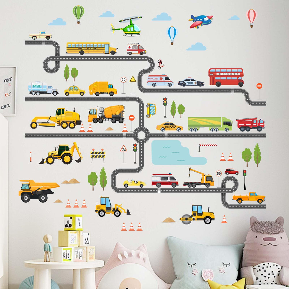 Amimagen large construction vehicles wall stickers truck set on a playroom wall, durable and waterproof