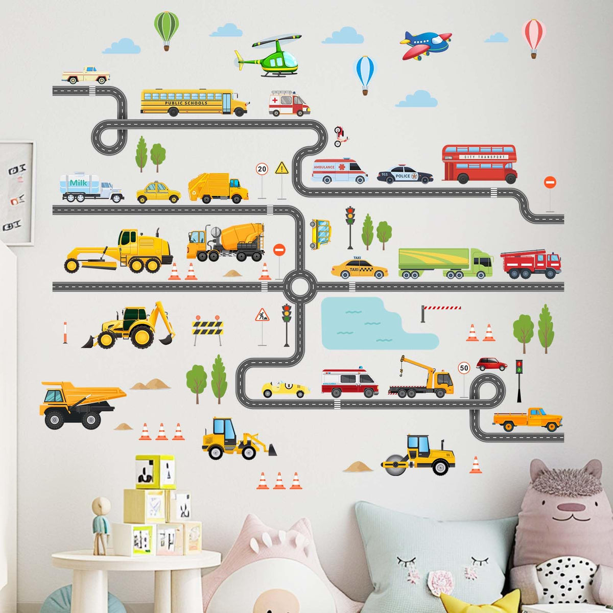 Amimagen large construction vehicles wall stickers truck set on a playroom wall, durable and waterproof