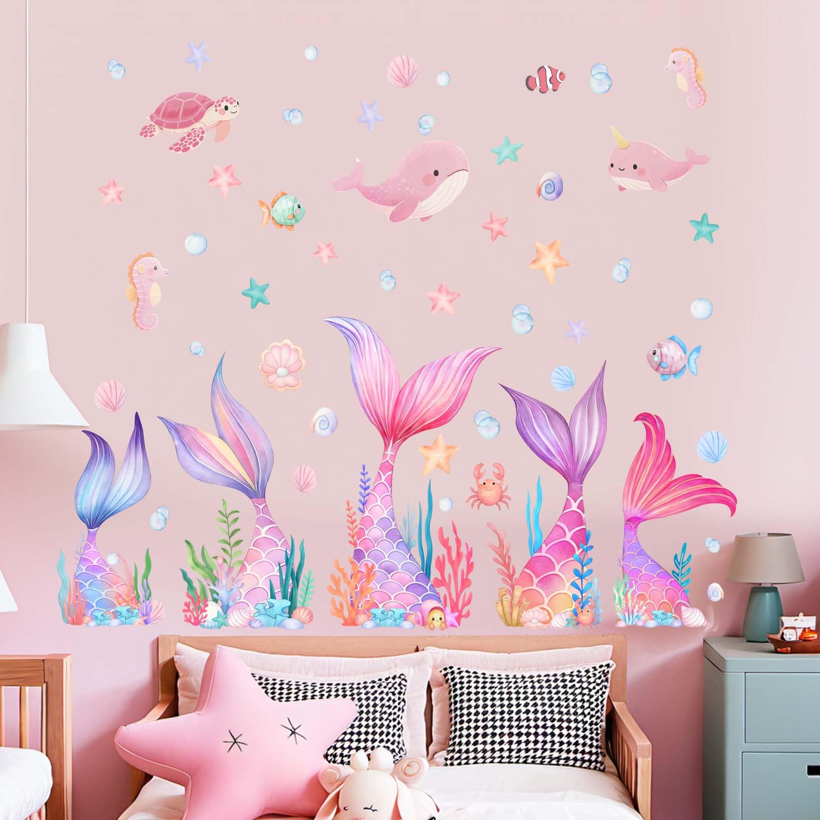 Amimagen Mermaid Tail Wall Stickers fish-turtles scene adds engaging underwater characters for imaginative play.