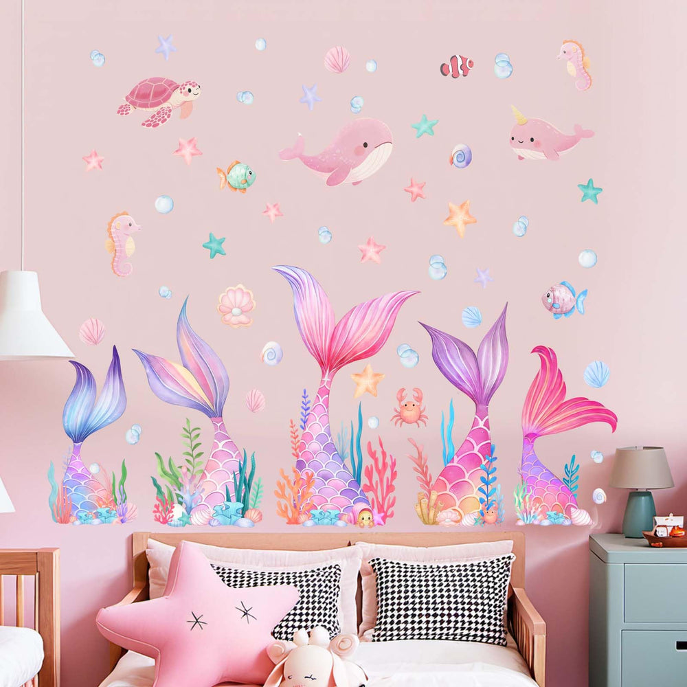 Amimagen Mermaid Tail Wall Stickers fish-turtles scene adds engaging underwater characters for imaginative play.