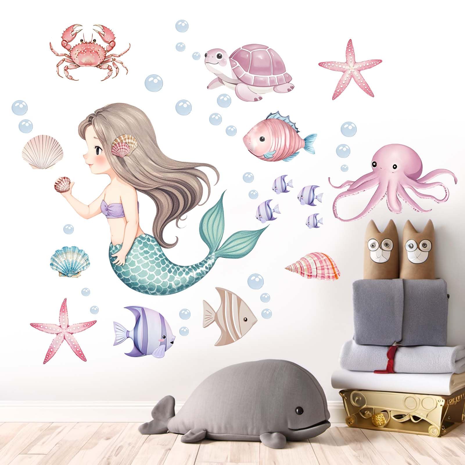Amimagen mermaid wall stickers with fish, starfish, shells for ocean vibes.