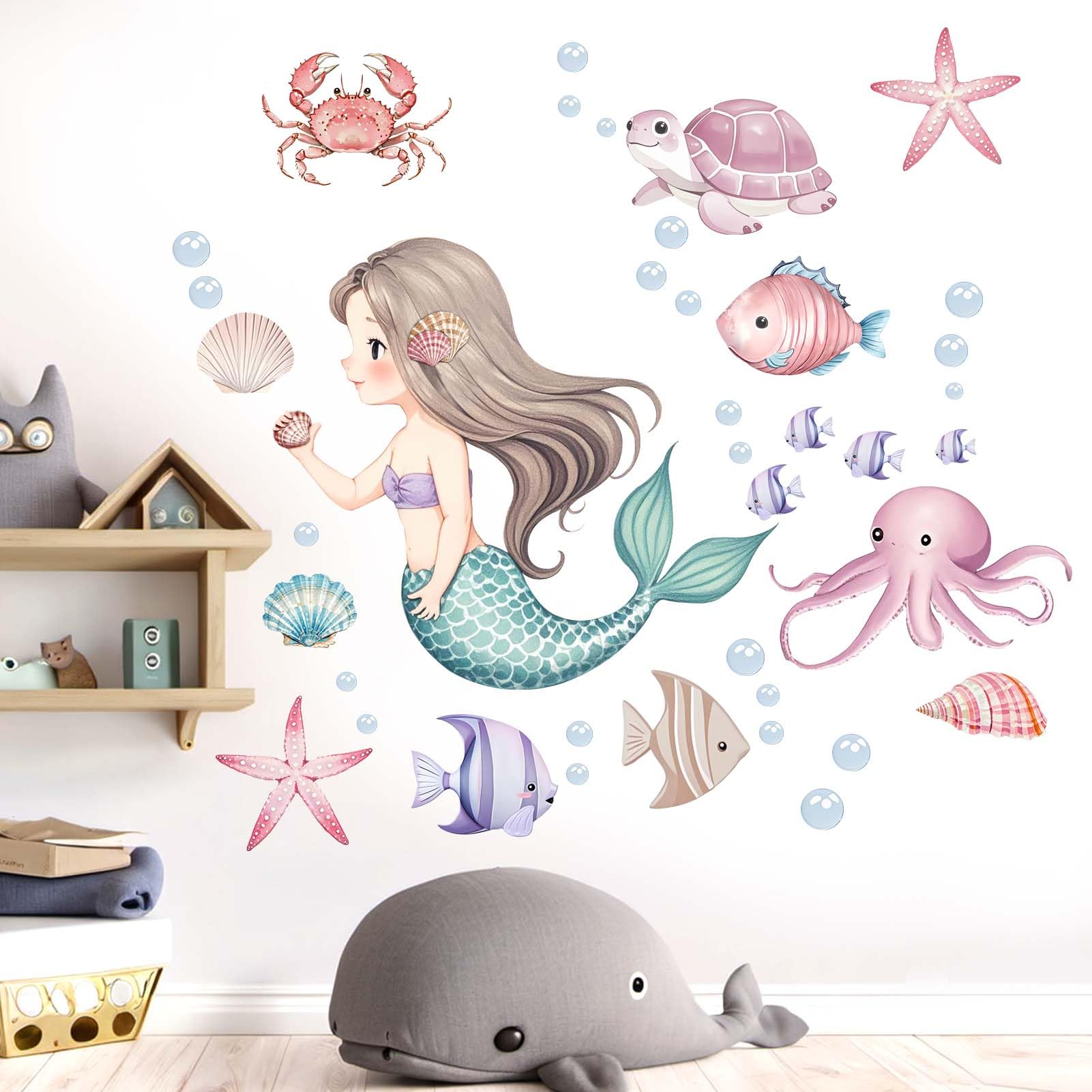 Amimagen mermaid-turtle scene wall sticker for imaginative play area.