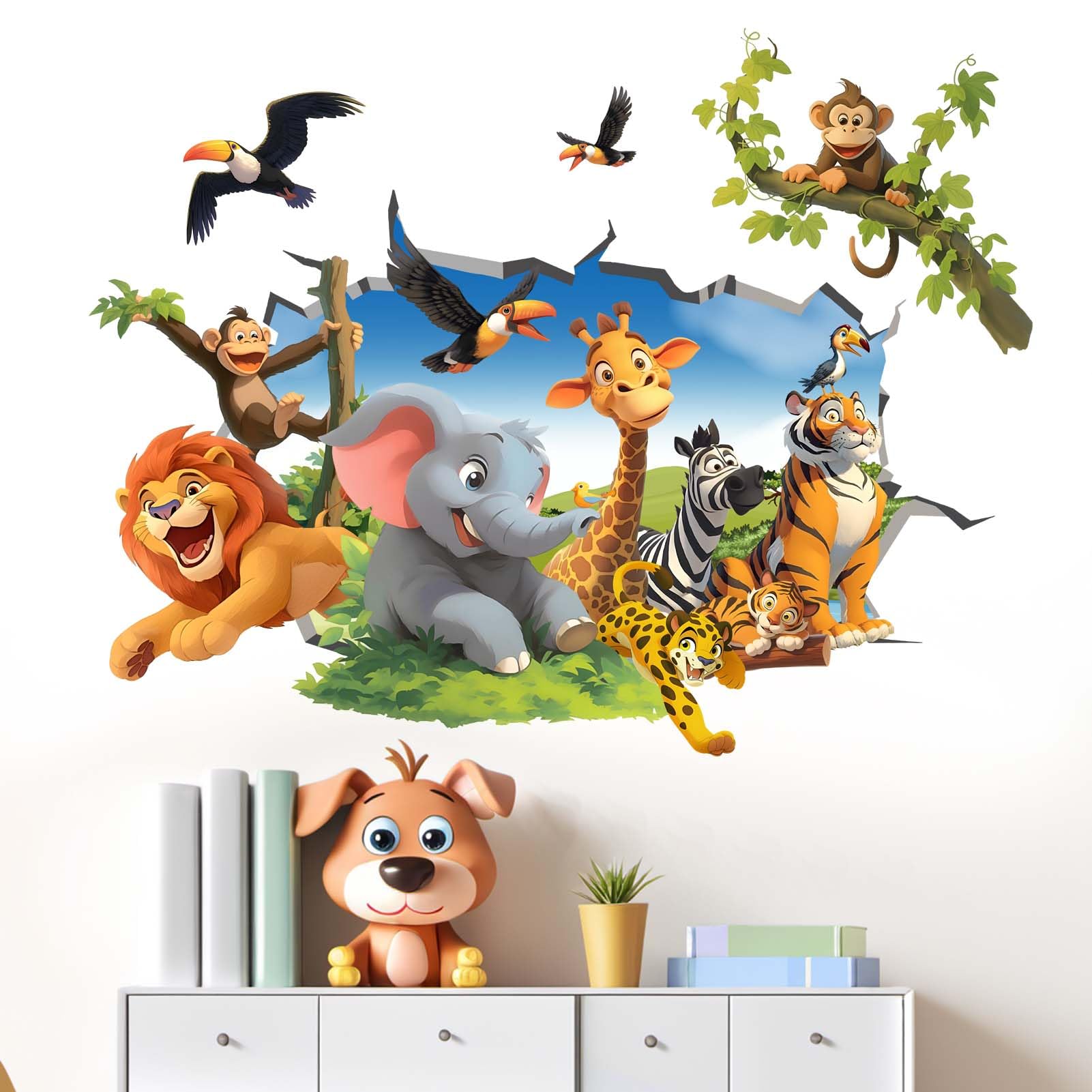 Amimagen monkey wall decal enhances playful kids' room with jungle fun.