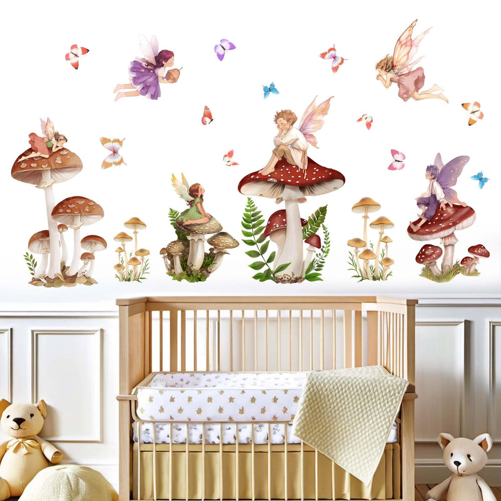 Amimagen mushroom fairy forest scene wall sticker for imaginative play in kids' rooms.