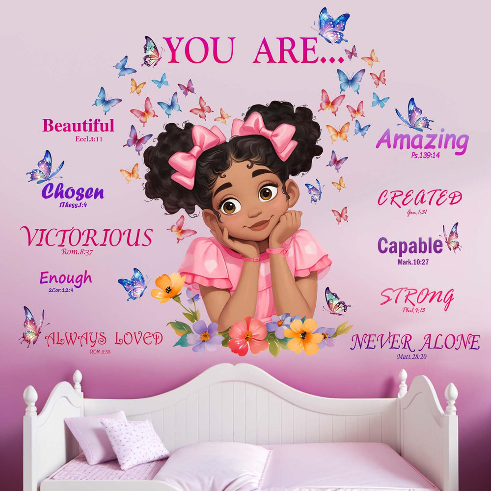 Amimagen peel-stick African American butterfly wall art brightens kids' rooms.
