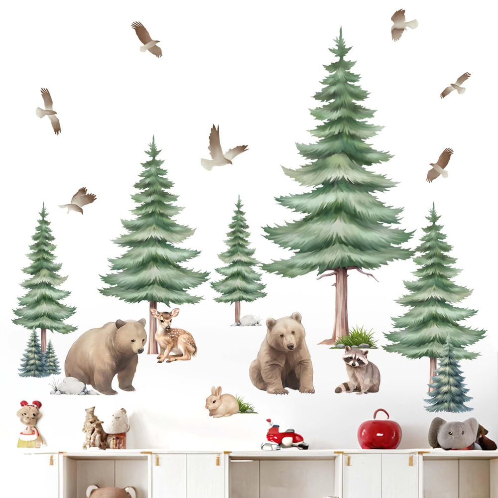 Amimagen pine tree nursery wall decal DIY layout encourages imaginative decorating