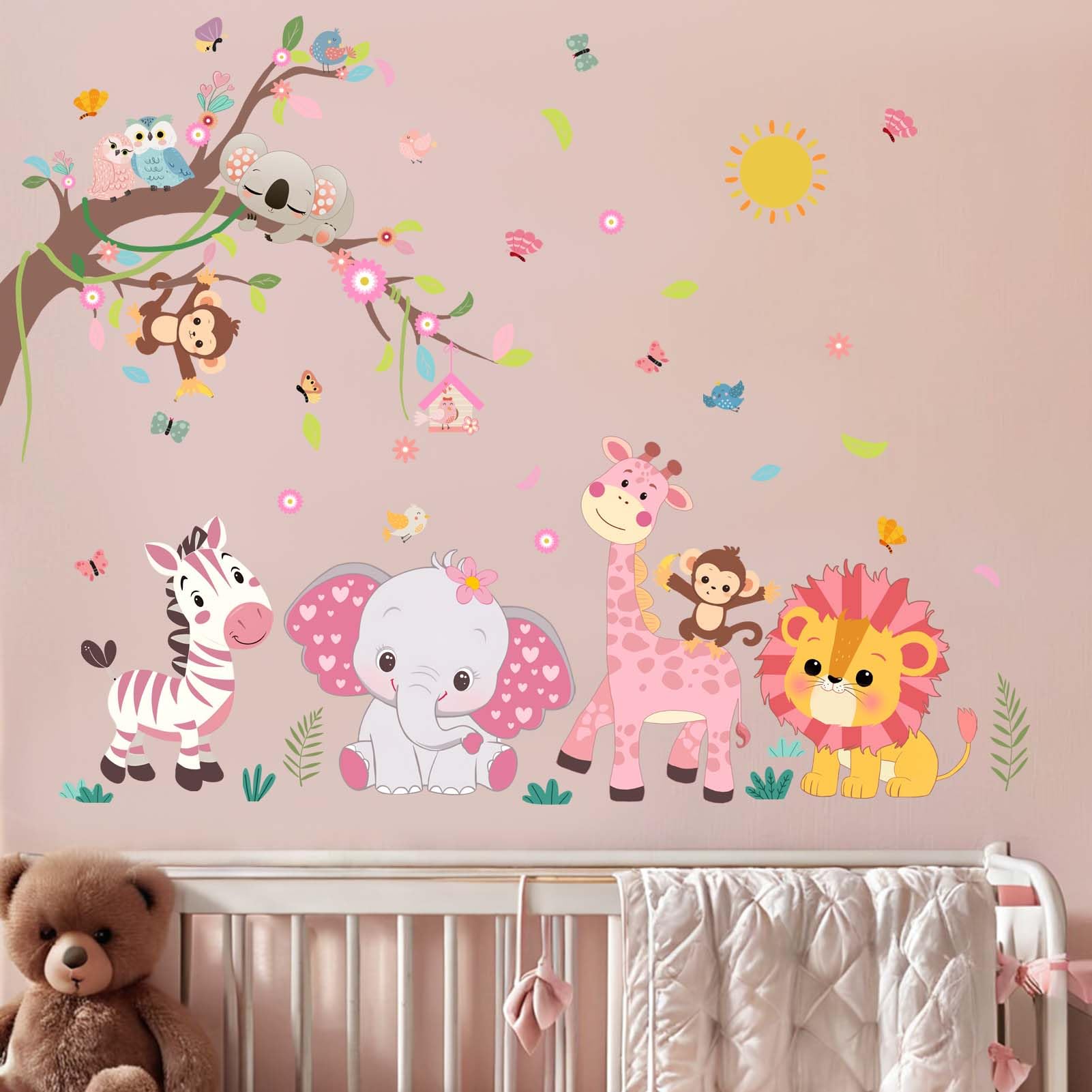 Amimagen Pink Forest giraffe wall decal creates cozy, imaginative play space