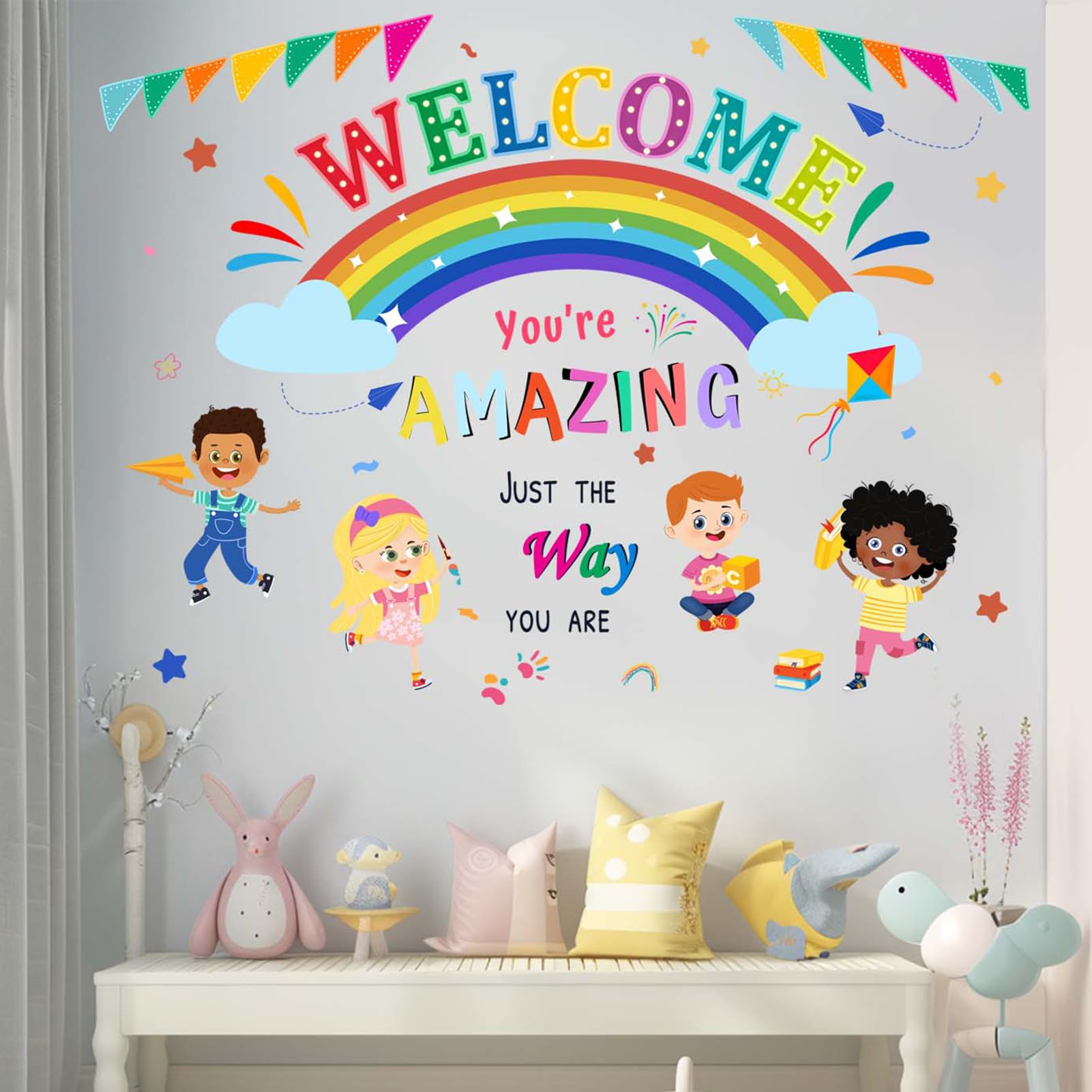 Amimagen rainbow wall decals for nursery and playroom create cheerful atmosphere