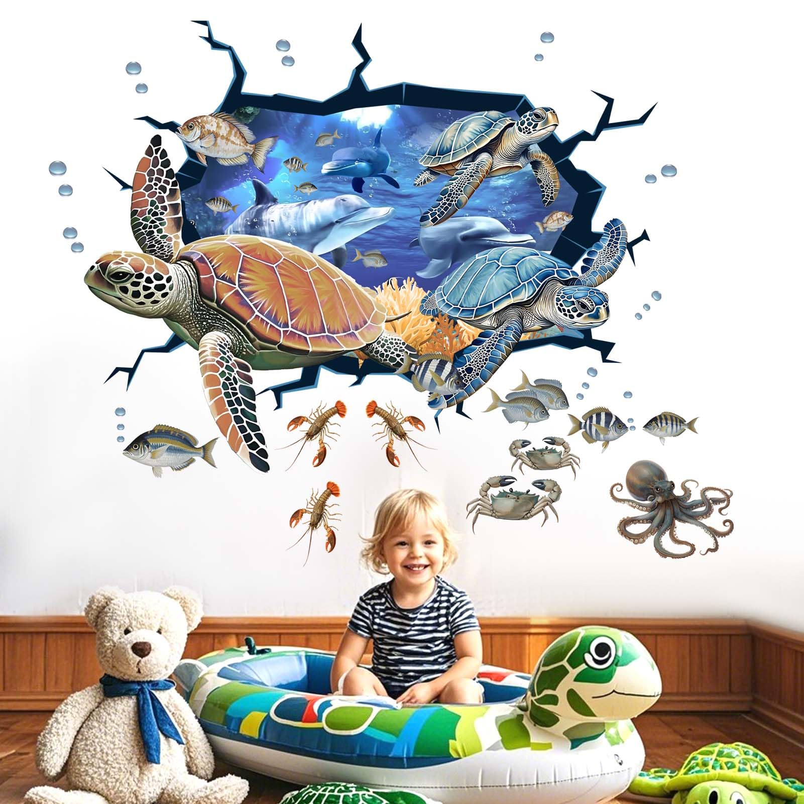 Amimagen sea turtle wall sticker underwater scene enhances kid-friendly bedroom ambiance.