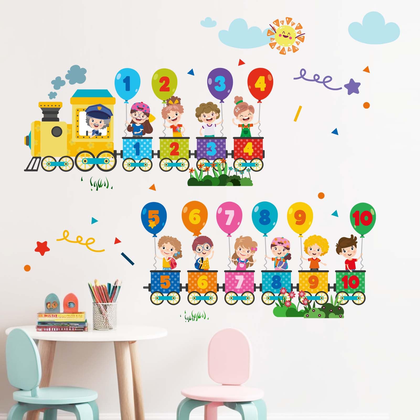 Amimagen train-wall-decal-closeup shows vibrant colors and durable self-adhesive finish