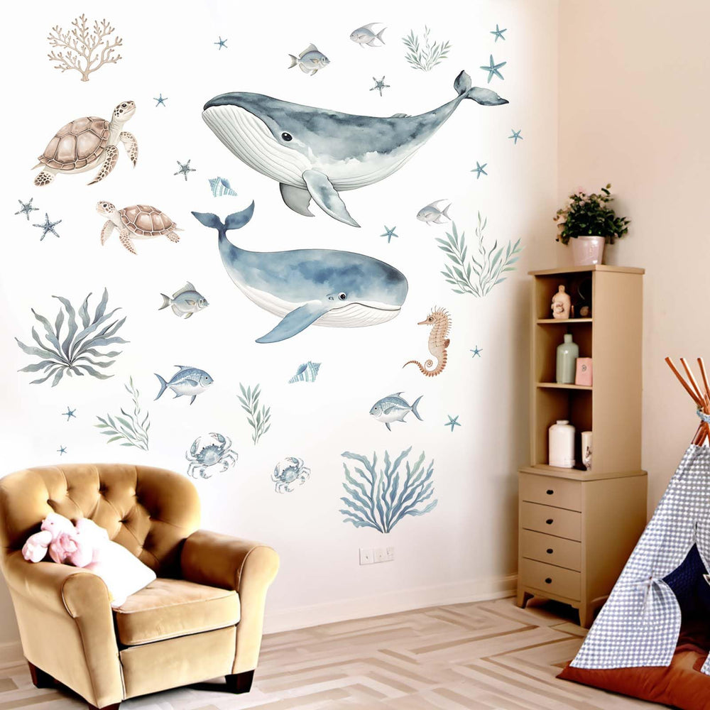 Amimagen whale decals nursery coral seahorse design inspires imaginative play.