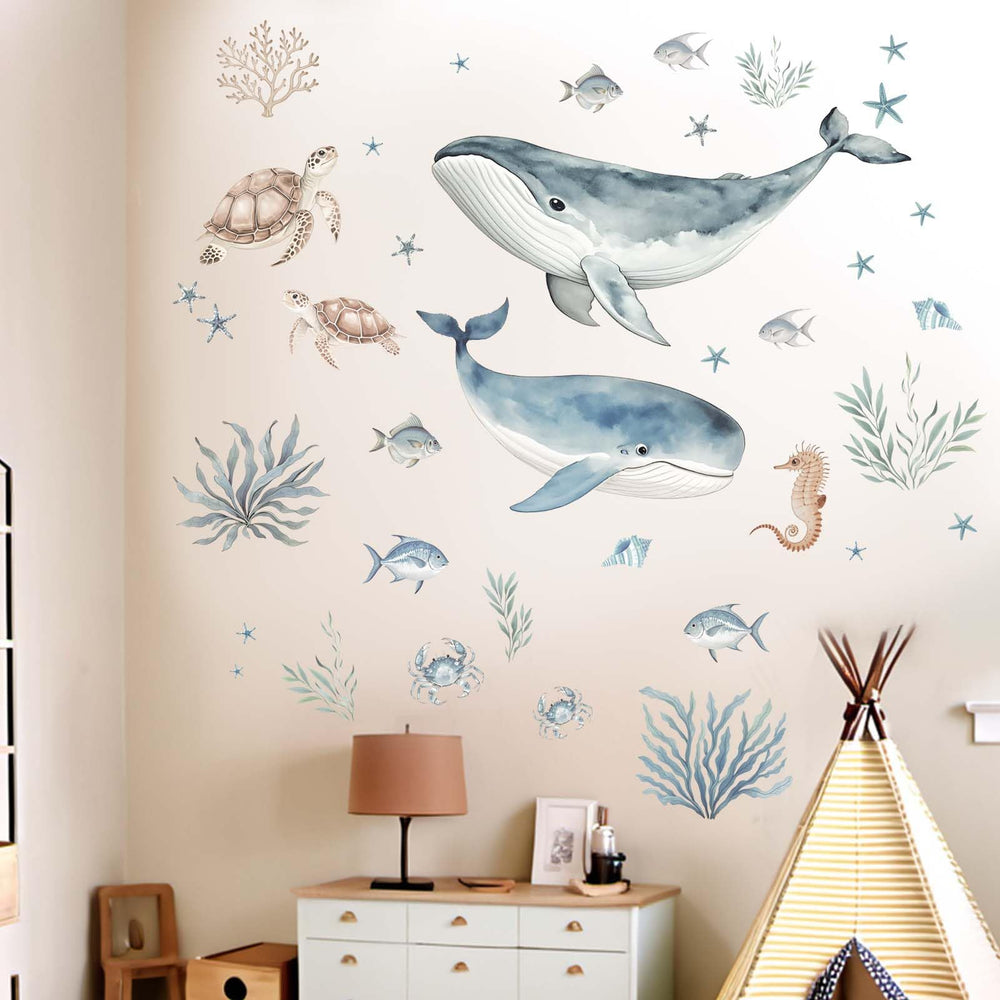Amimagen whale wall stickers kids' bedroom decor creates a cheerful ocean vibe.