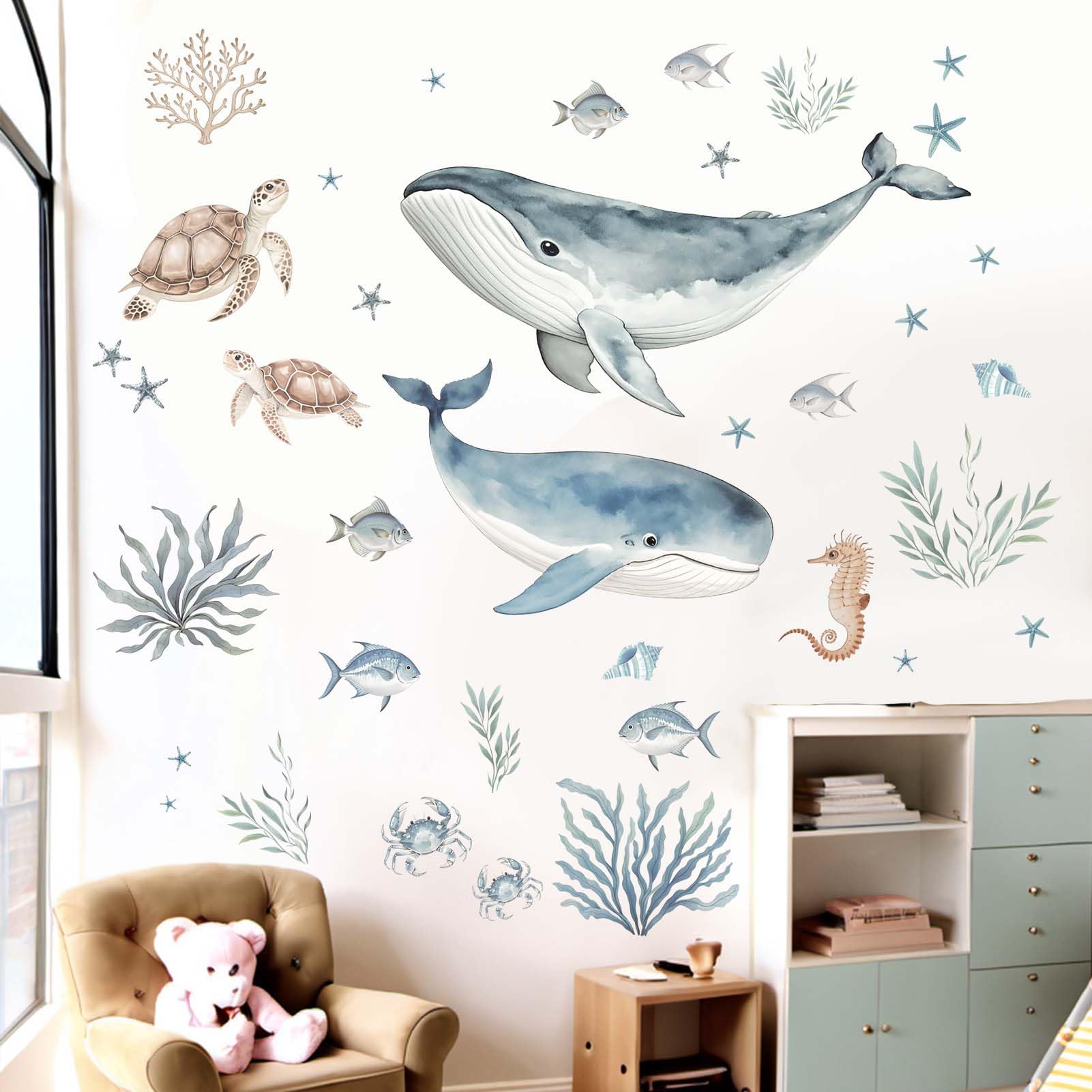 Amimagen whale wall stickers undersea scene brighten a kid's wall with playful color.