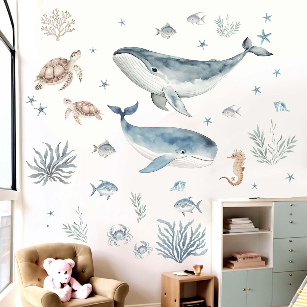 Amimagen whale wall stickers undersea scene brighten a kid's wall with playful color.