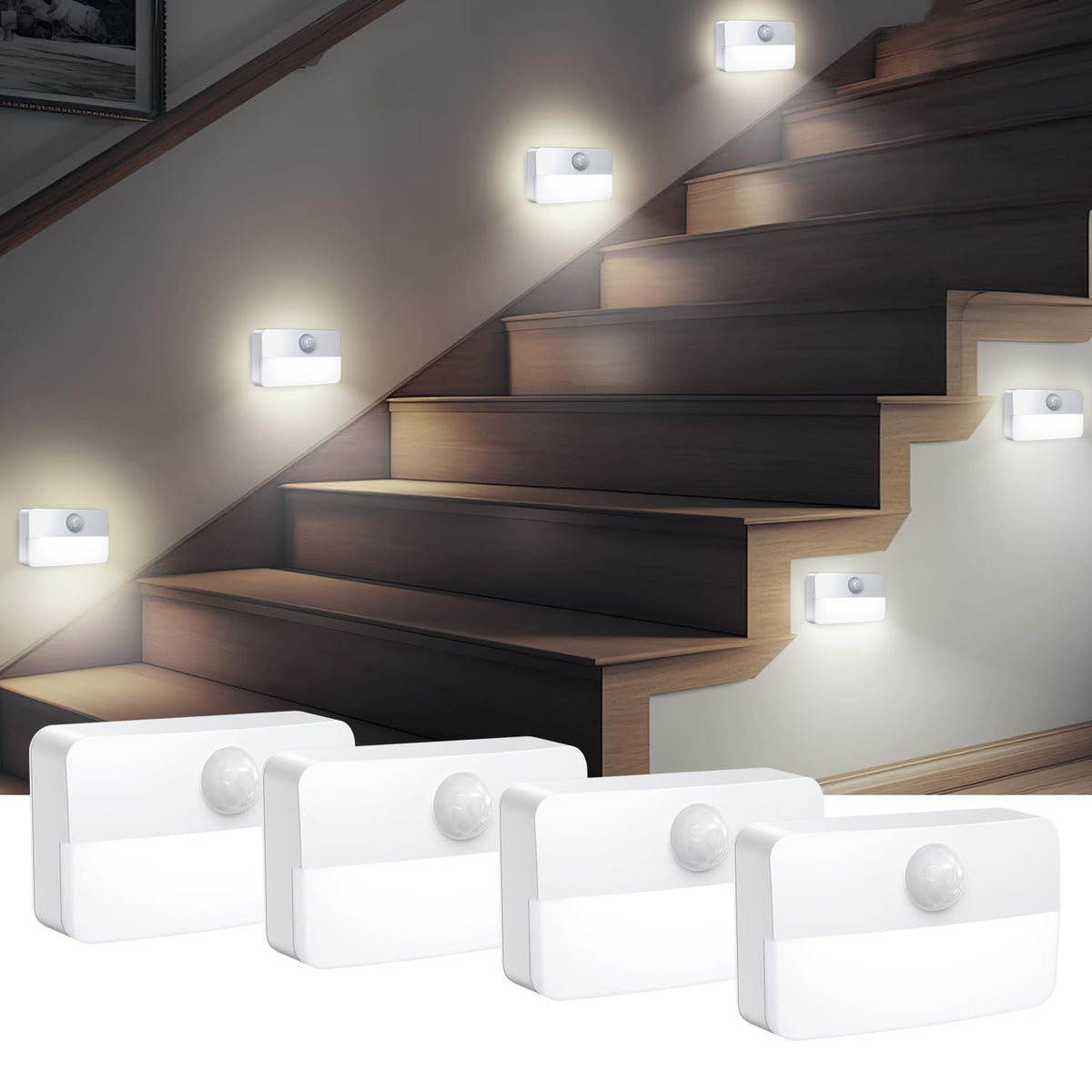 AMIR 4 Pack Mini Motion Sensor Stair Light package demonstrates cordless setup for safer entryways.