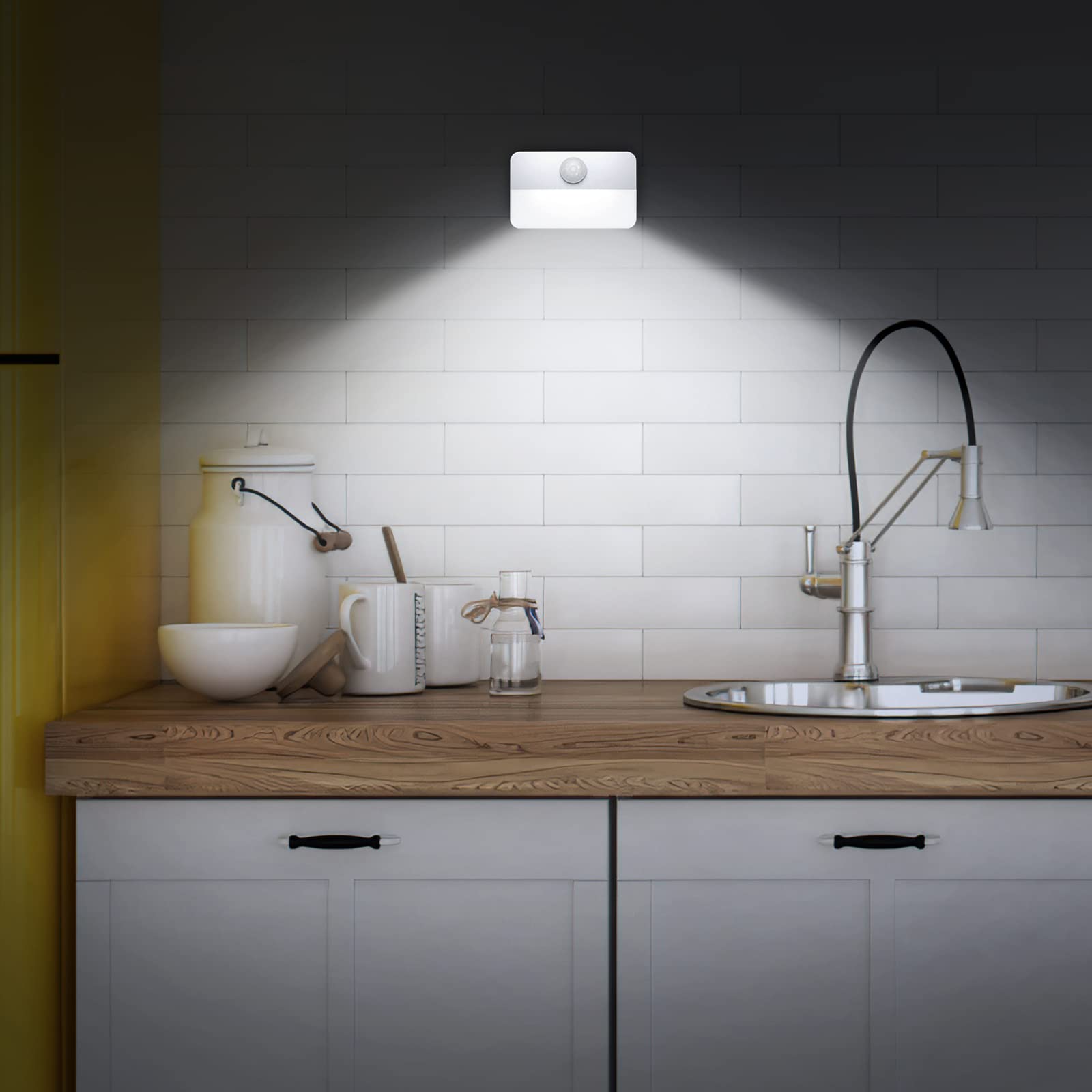 AMIR mini motion sensor stair light on stairs illustrates instant illumination for dark steps.