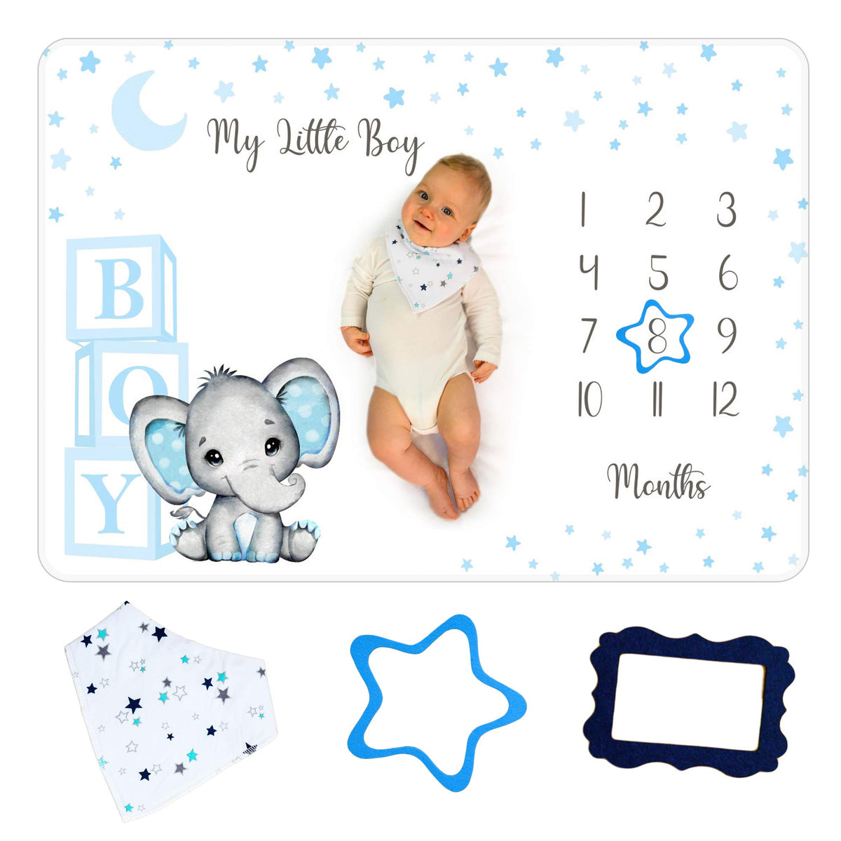 Amity Baby monthly milestone blanket elephant design shown for cozy growth photos