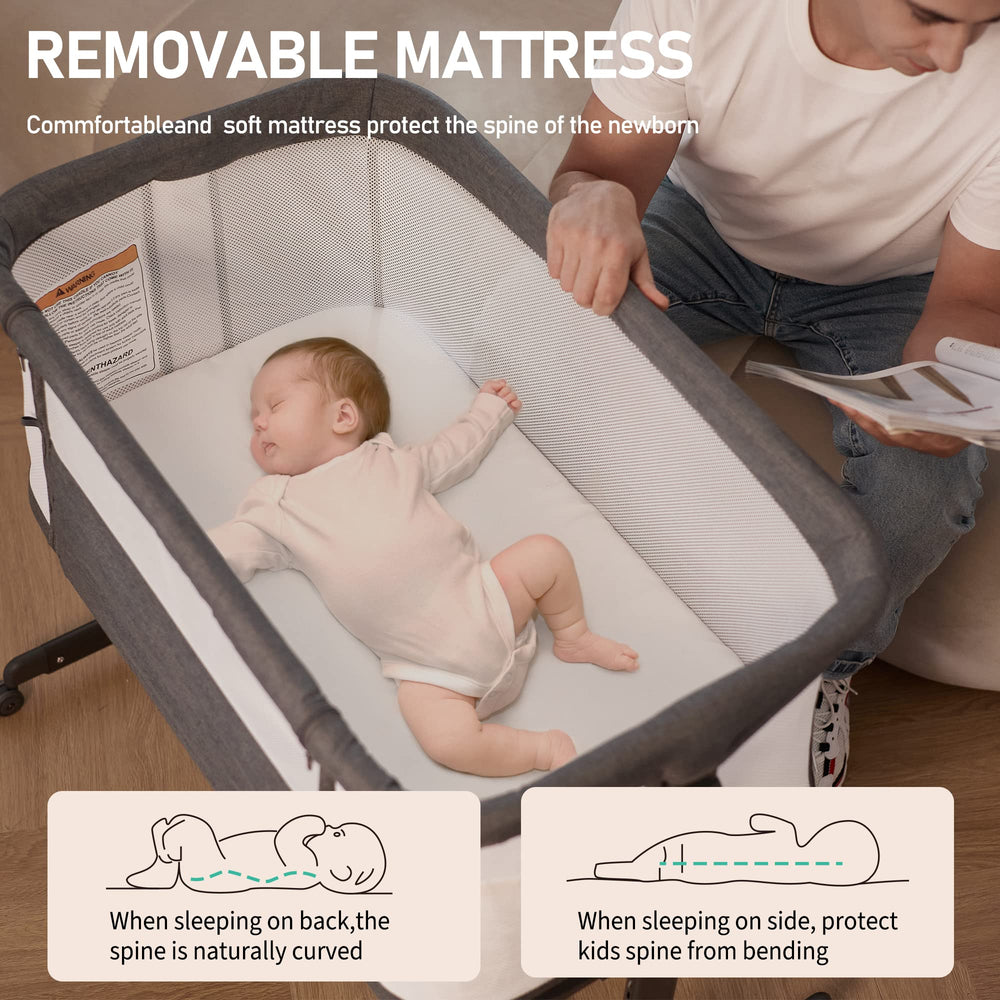 AMKE baby bassinet bedside sleeper 6-height-adjustment illustrates bed alignment with ease