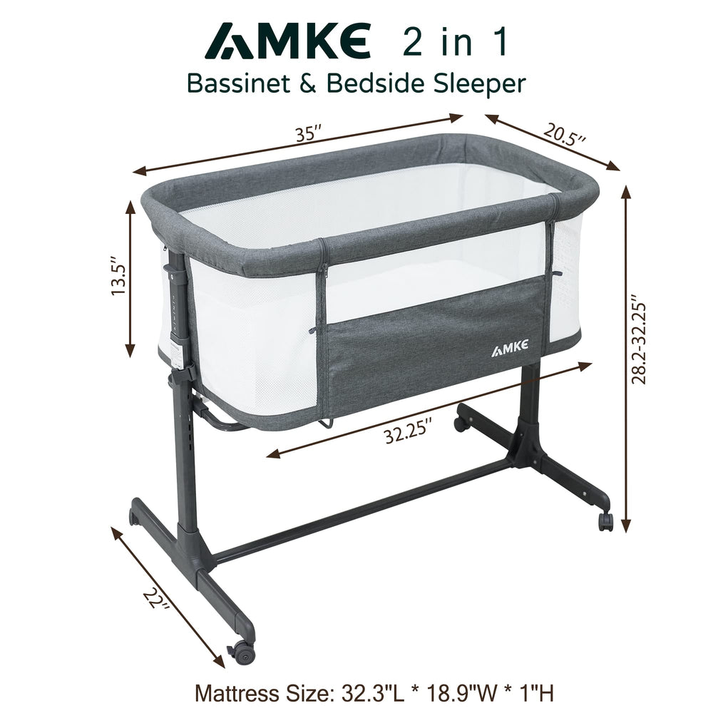AMKE baby bassinet bedside sleeper in-room setup emphasizes close, soothing nighttime routine