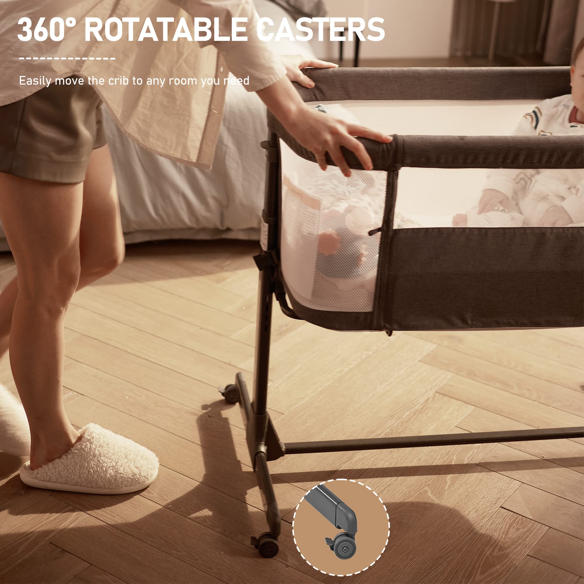 AMKE baby bassinet bedside sleeper wheels-locked view shows secure mobility