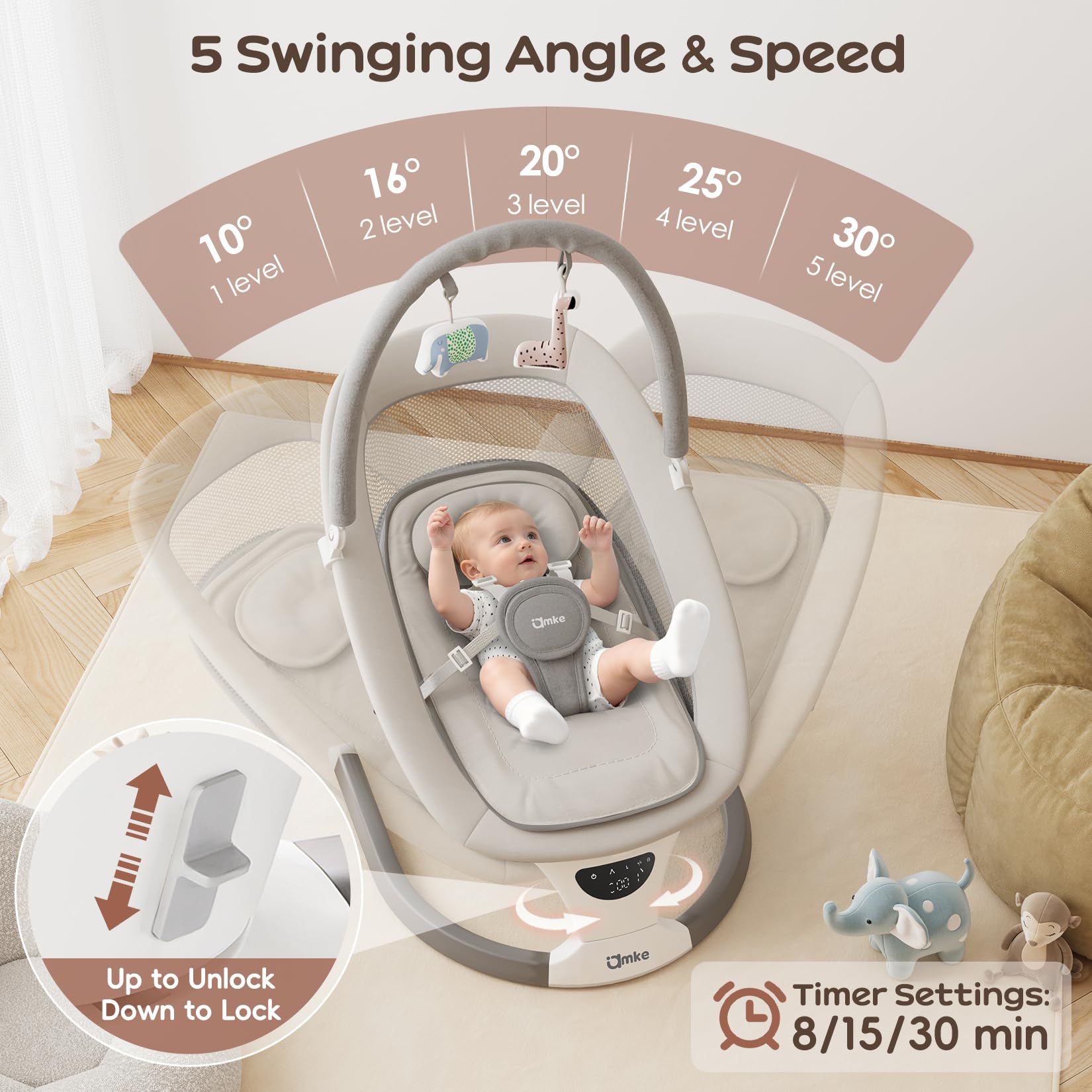 AMKE baby swing 5-point-harness secures little one during gentle motion