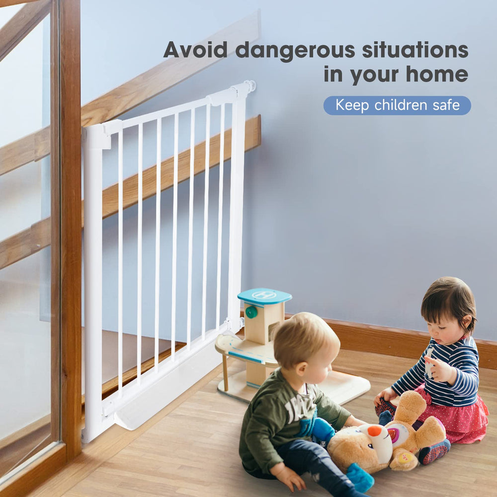 Amllirate baby gate height-30-71in provides tall barrier for stairs and doorways.