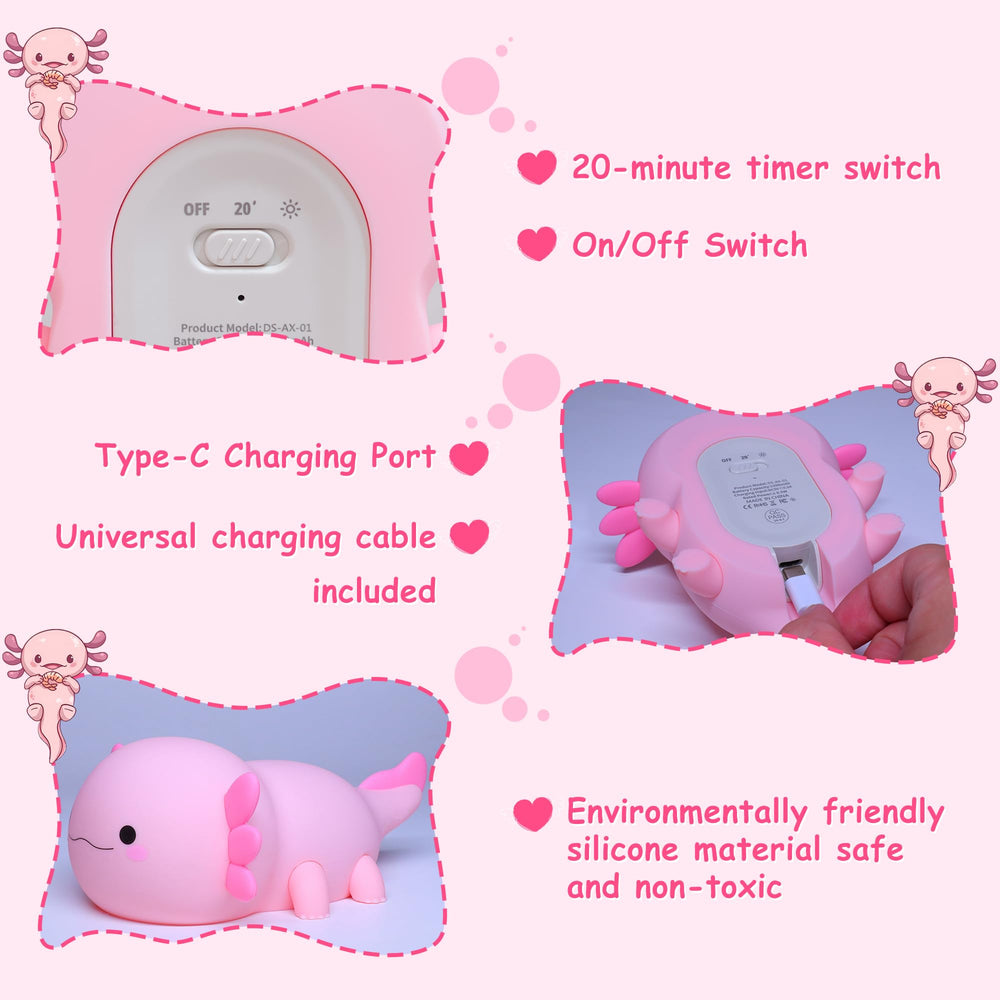 Ammonite axolotl night light enhances bedroom decor with whimsy.