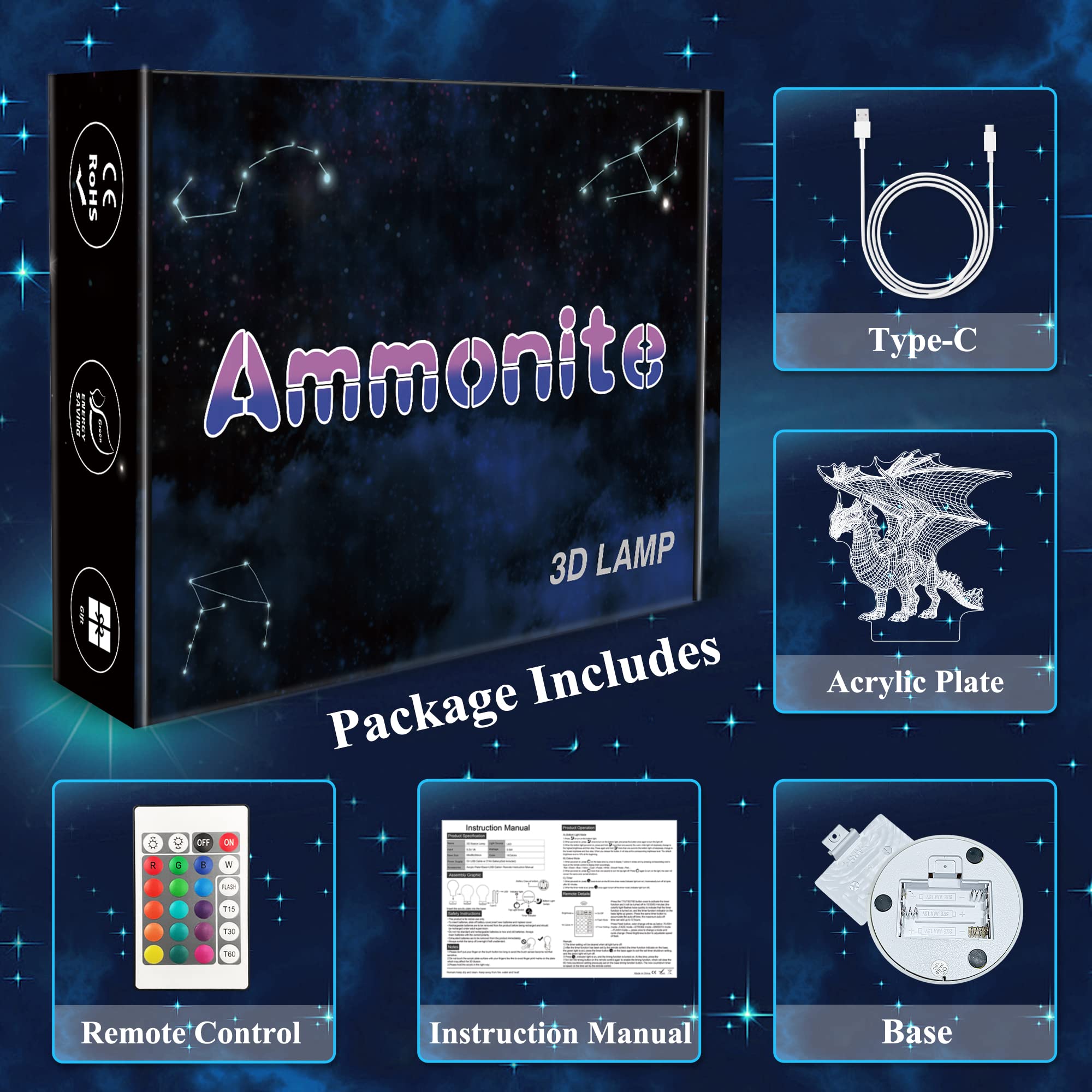 Ammonite Dragon Lamp soft glow supports calm bedtimes and imaginative play.