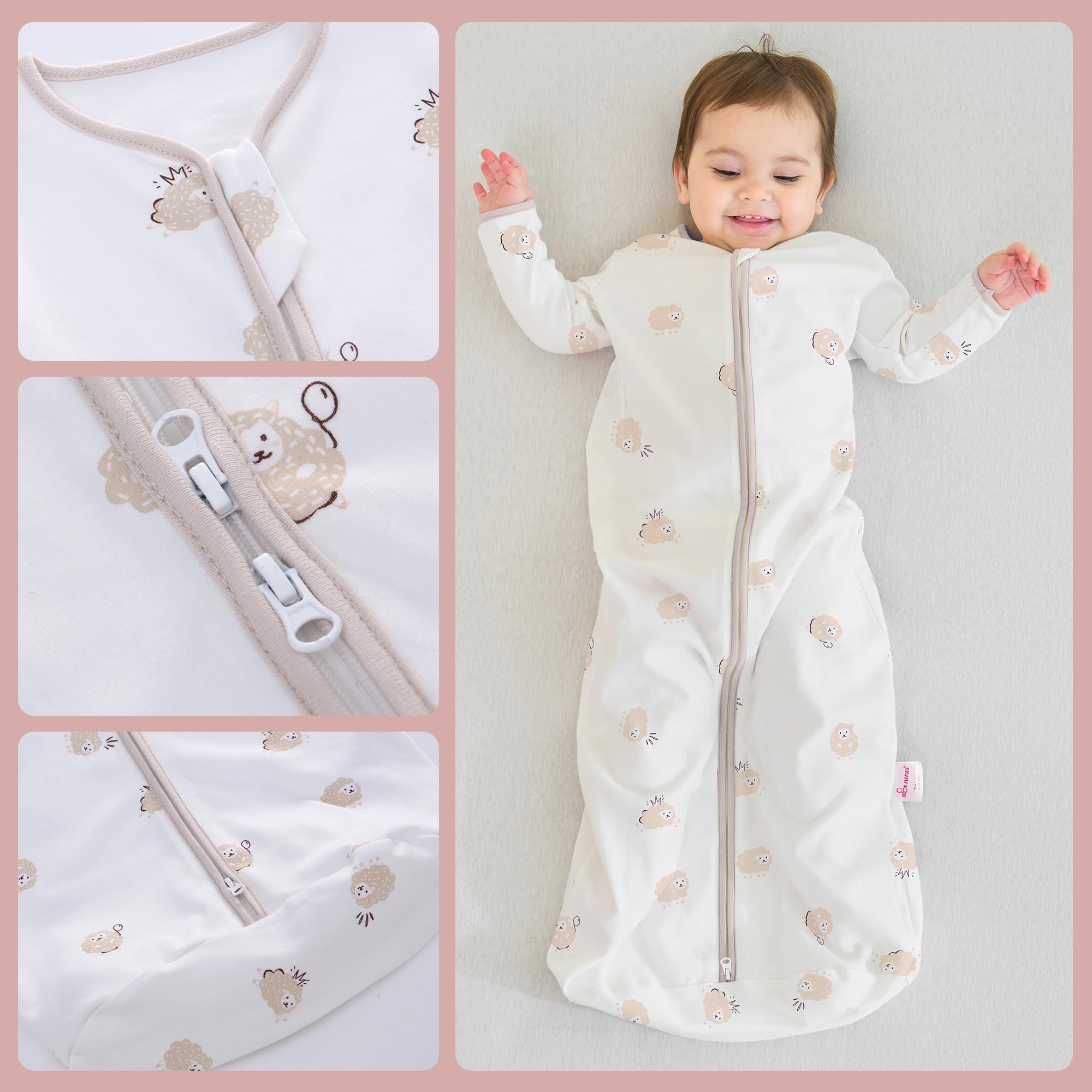 amo nenes two-way zipper sleep sack demonstrates easy changes while keeping baby cozy.