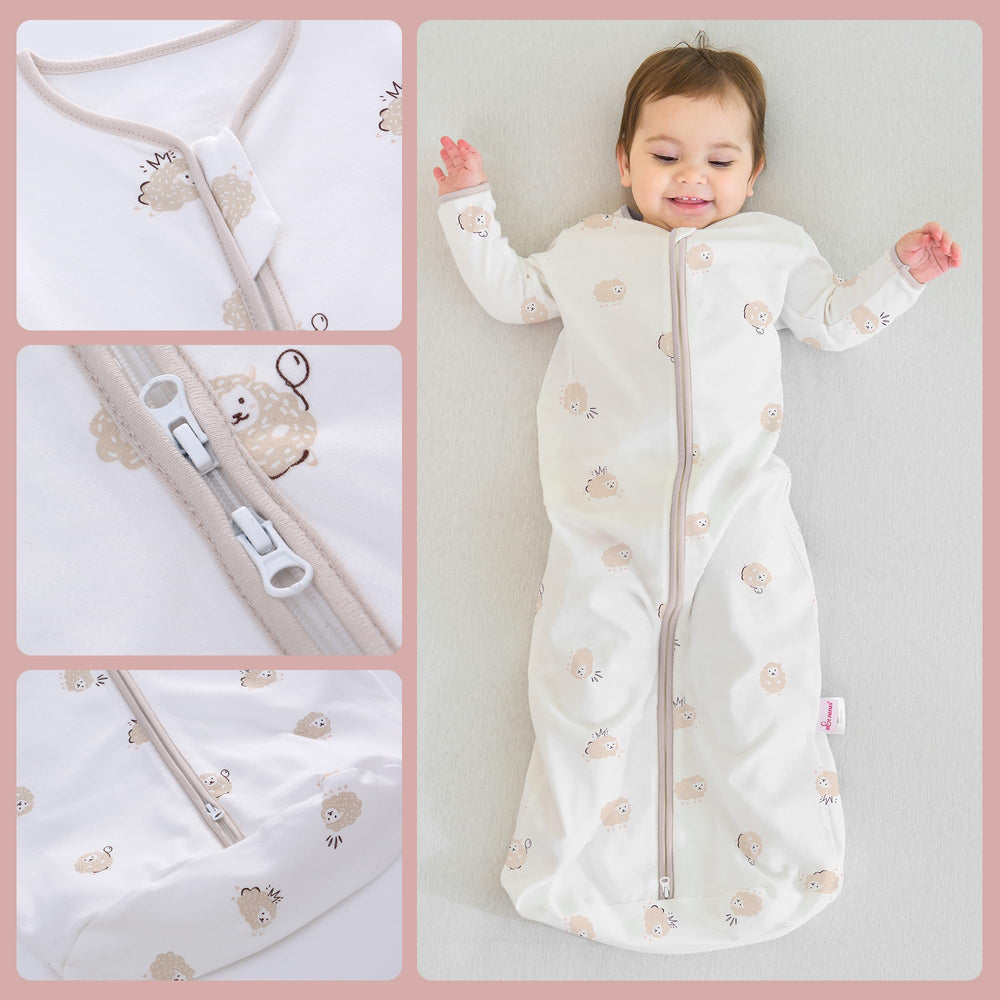 amo nenes two-way zipper sleep sack demonstrates easy changes while keeping baby cozy.