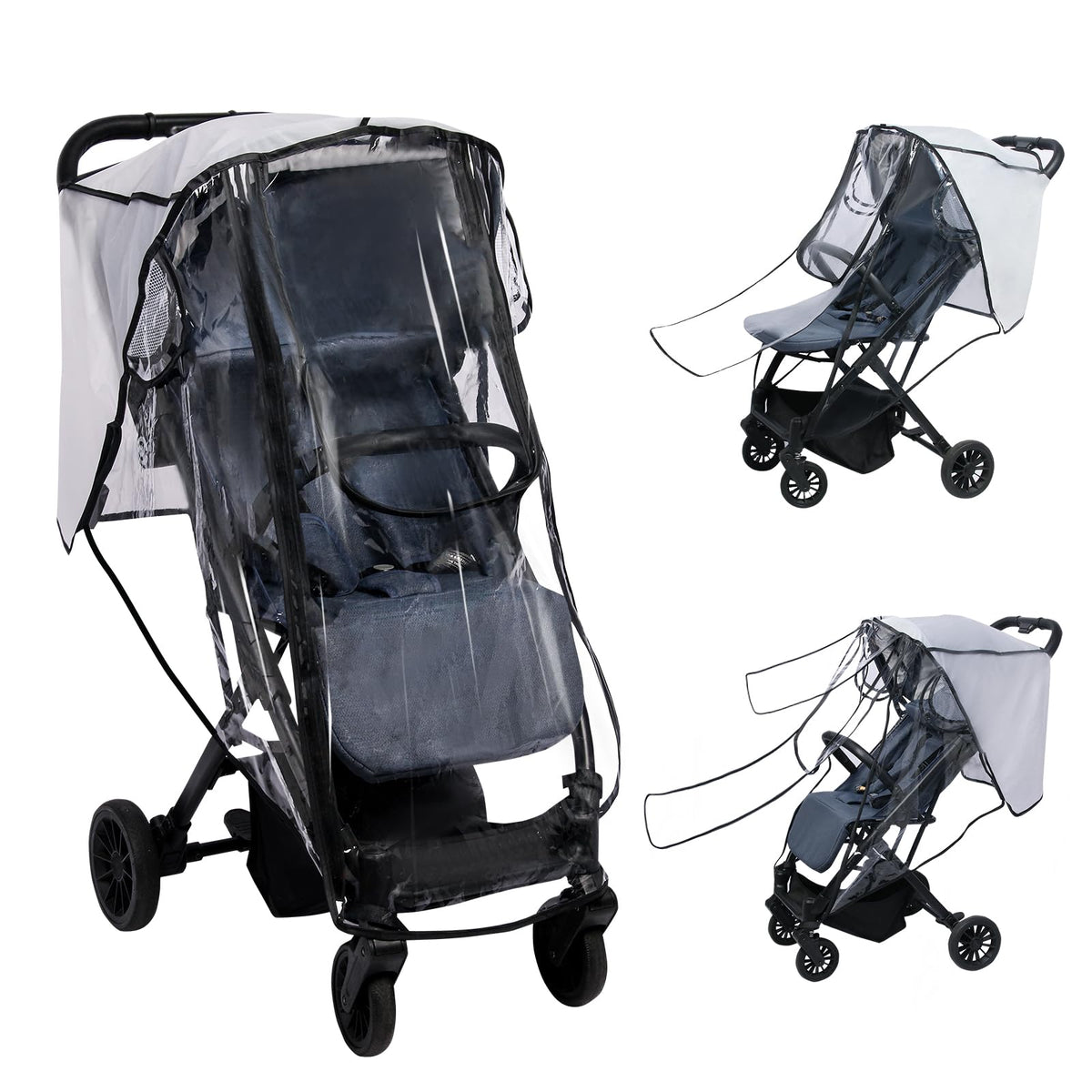 AMORBASE stroller rain cover front view shields baby from rain while staying transparent.