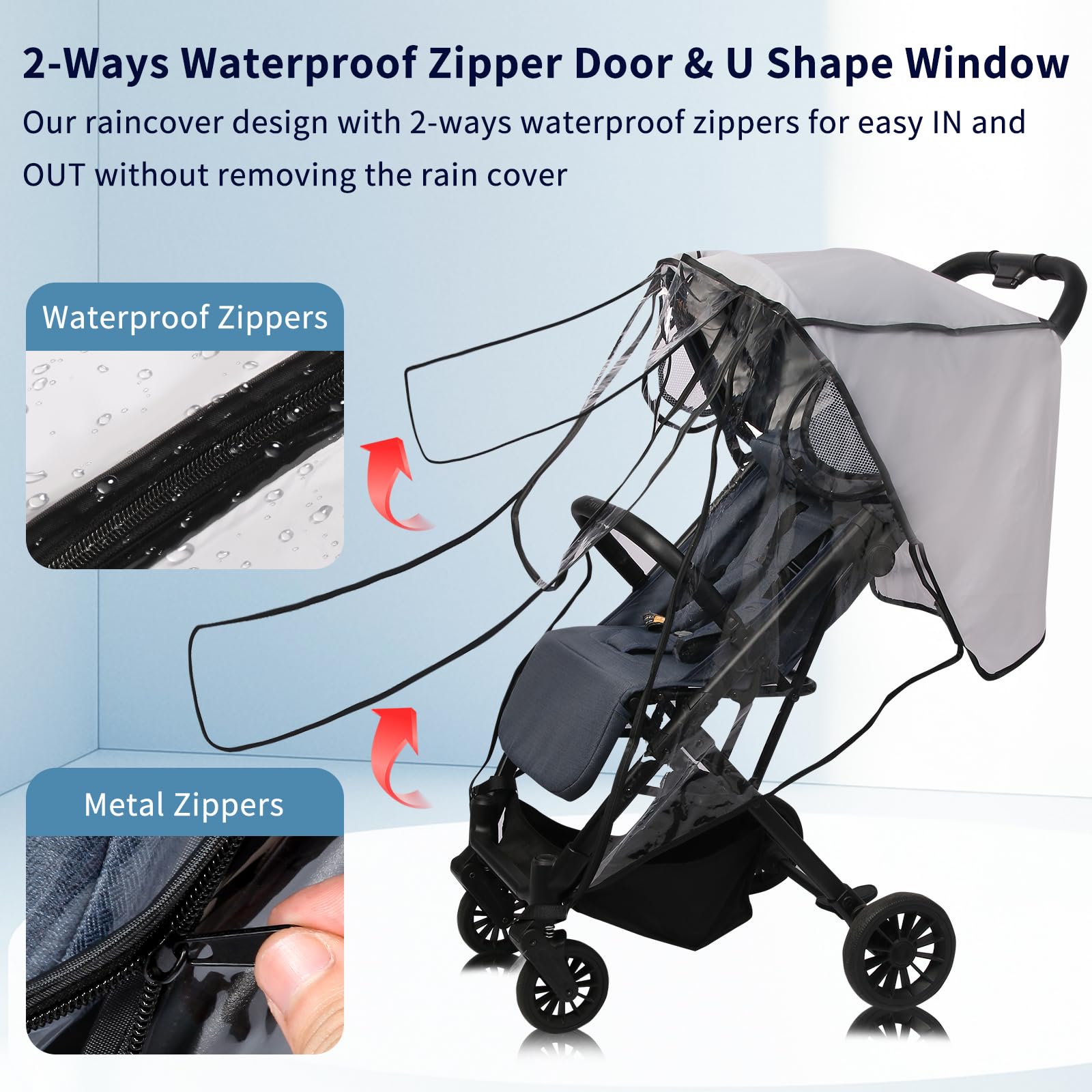 AMORBASE stroller rain cover side view maintains airflow for comfortable outings.
