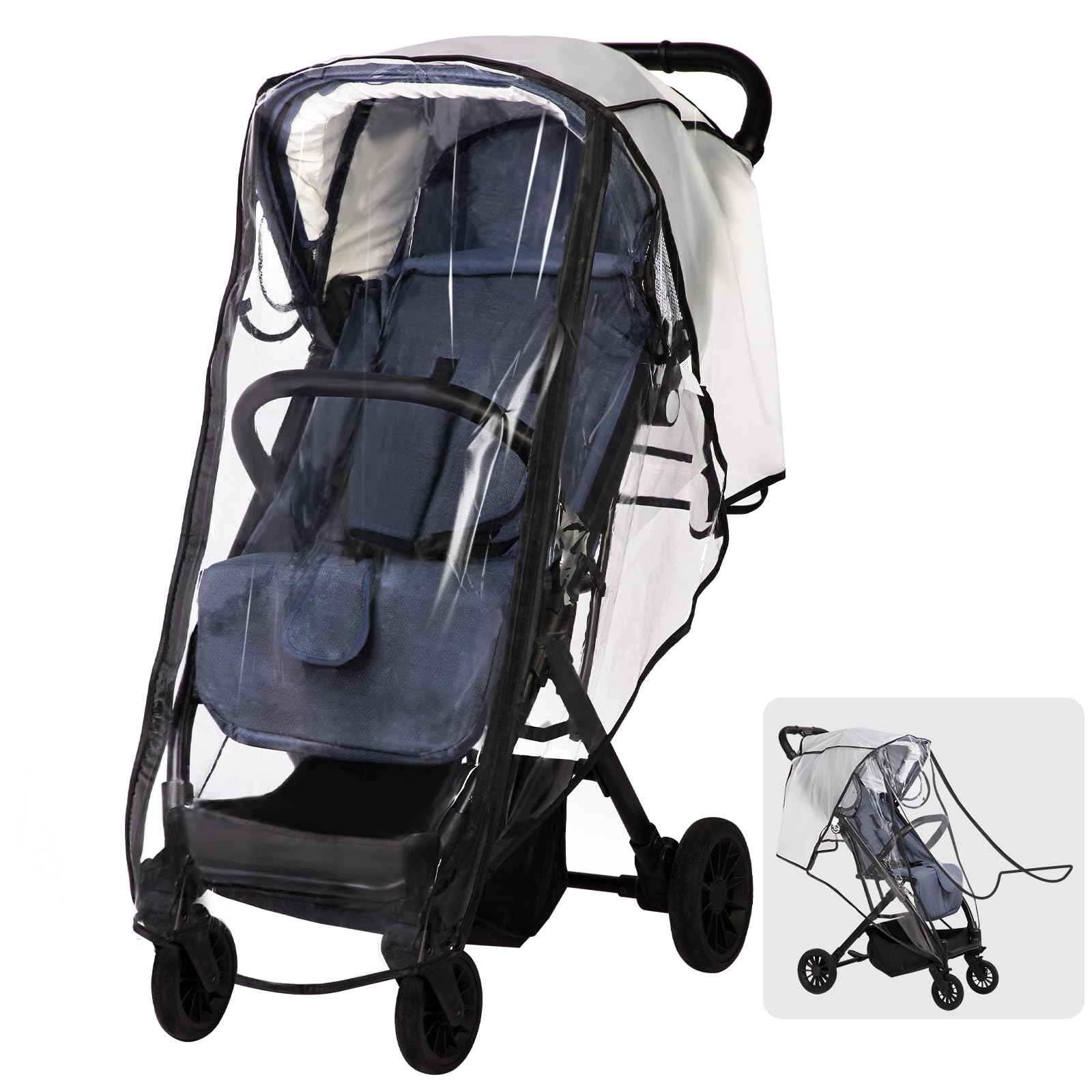 AMORBASE universal stroller rain cover with clear visibility protects baby from rain outdoors.