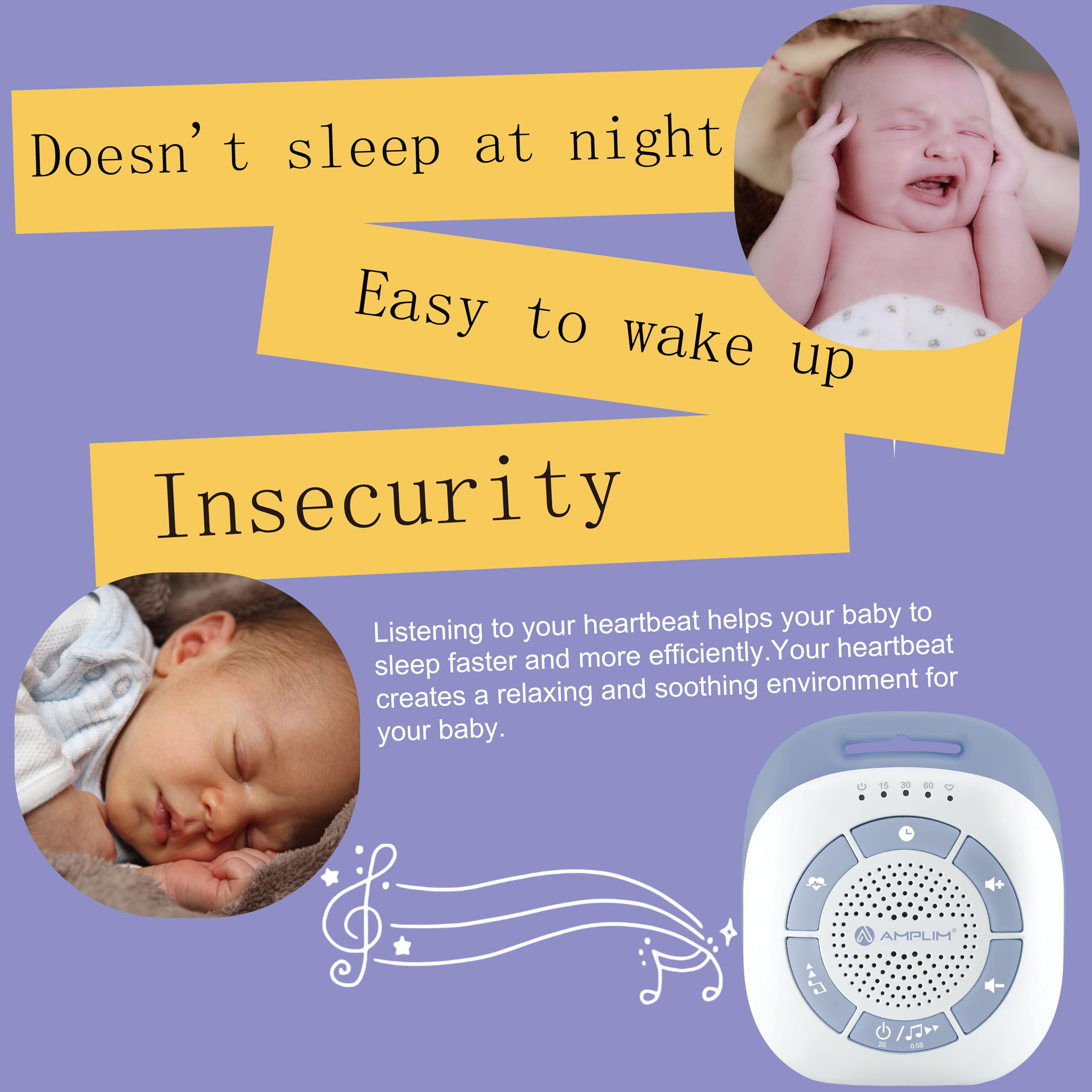 Amplim 19-sound library including heartbeat and lullabies for sleep cues