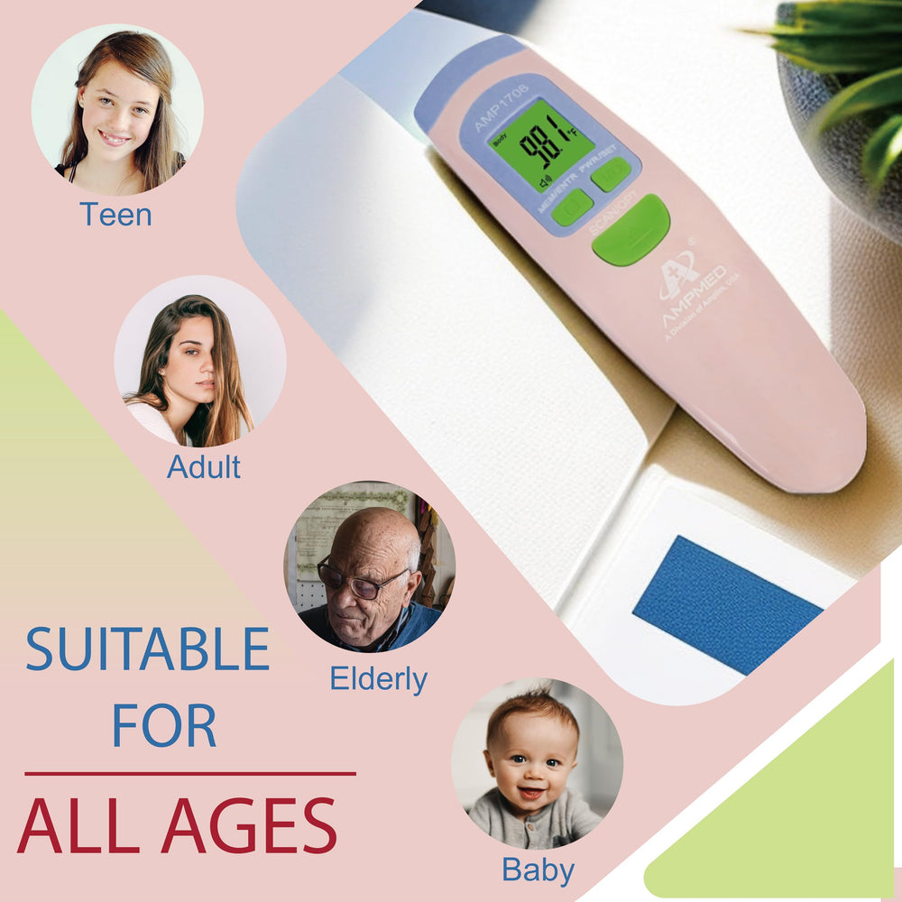Amplim AmpMed forehead thermometer display showing clear readings.