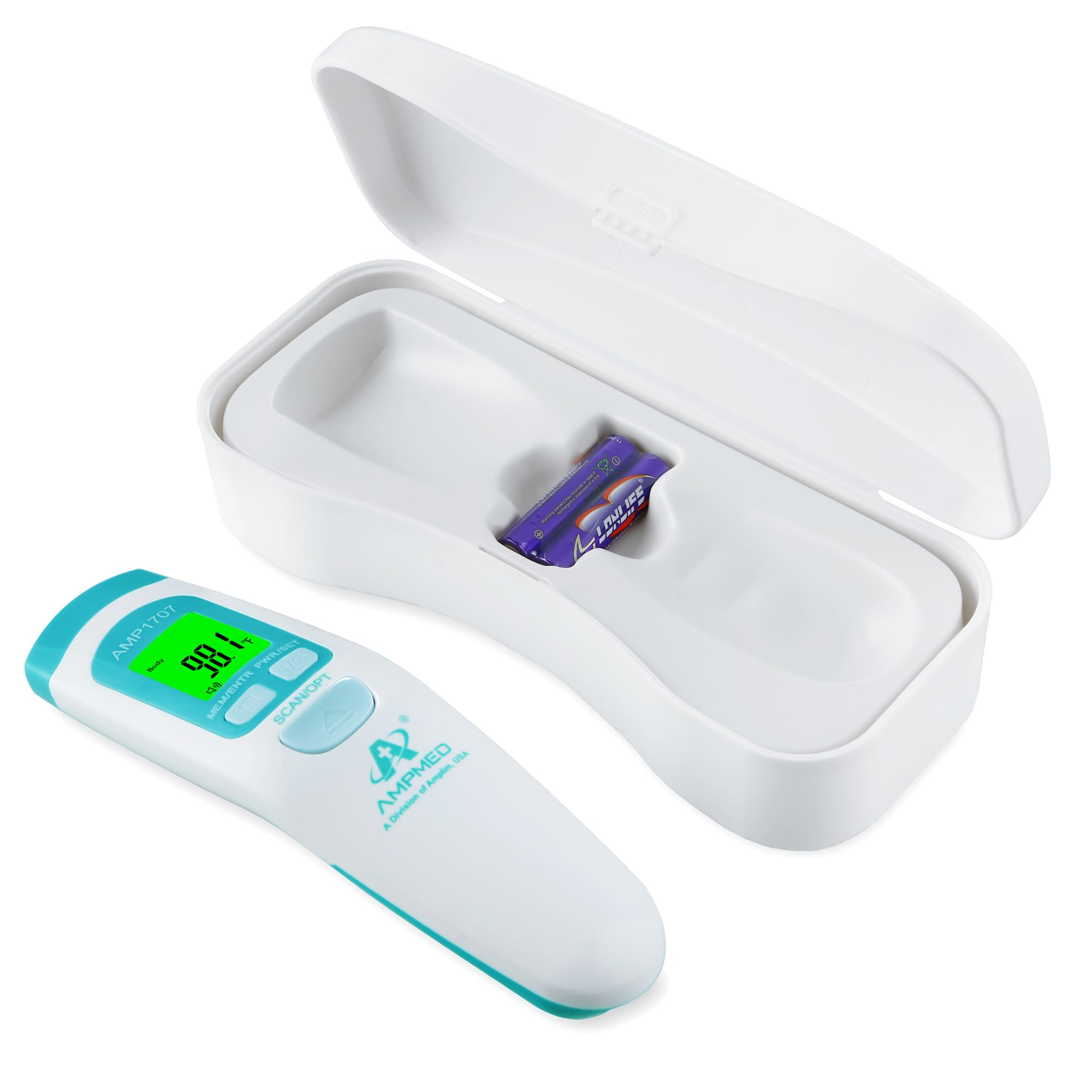 Amplim AmpMed forehead thermometer front view for quick, non-contact temperature checks.