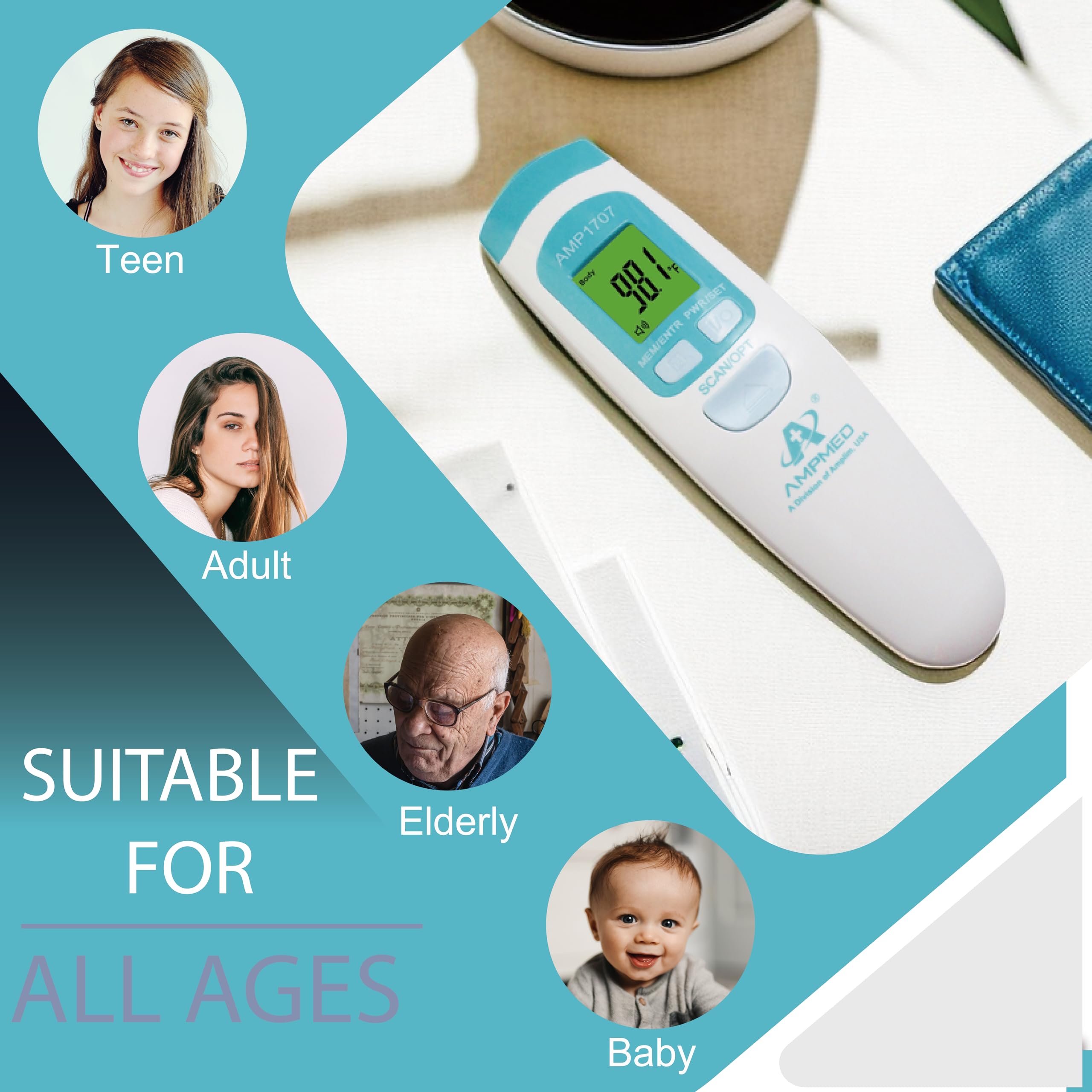 Amplim AmpMed temperature reading display shows fast, 1-second results.